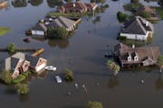 In this aerial photo, homes sit in floodwaters caused Tropical Storm Harvey in Port Arthur, Texas, Friday, Sept. 1, 2017. Port Arthur's major roads we