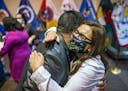 Lt. Gov. Peggy Flanagan embraced Jamie Edwards of the Mille Lacs Band of Ojibwe last week in St. Paul after Gov. Tim Walz signed a law reinforcing the
