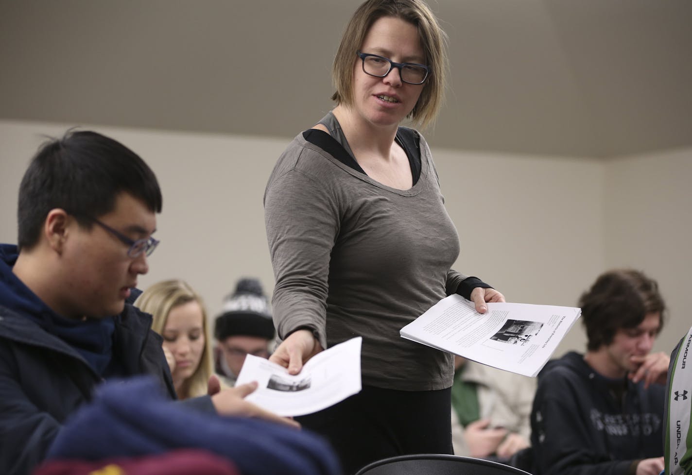 Erin Trapp passed out the syllabus for her class, The Rhetoric of Everyday Life, Tuesday afternoon in Nicholson Hall. ] JEFF WHEELER &#xef; jeff.wheeler@startribune.com After more than a year-long organizing effort, faculty at the University of Minnesota's Twin Cities campus say they now have enough support to call for a union election. This will be the first such vote on the U's largest campus since a failed unionizing attempt in 1997. Erin Trapp teaches comparative literature at the U as a con