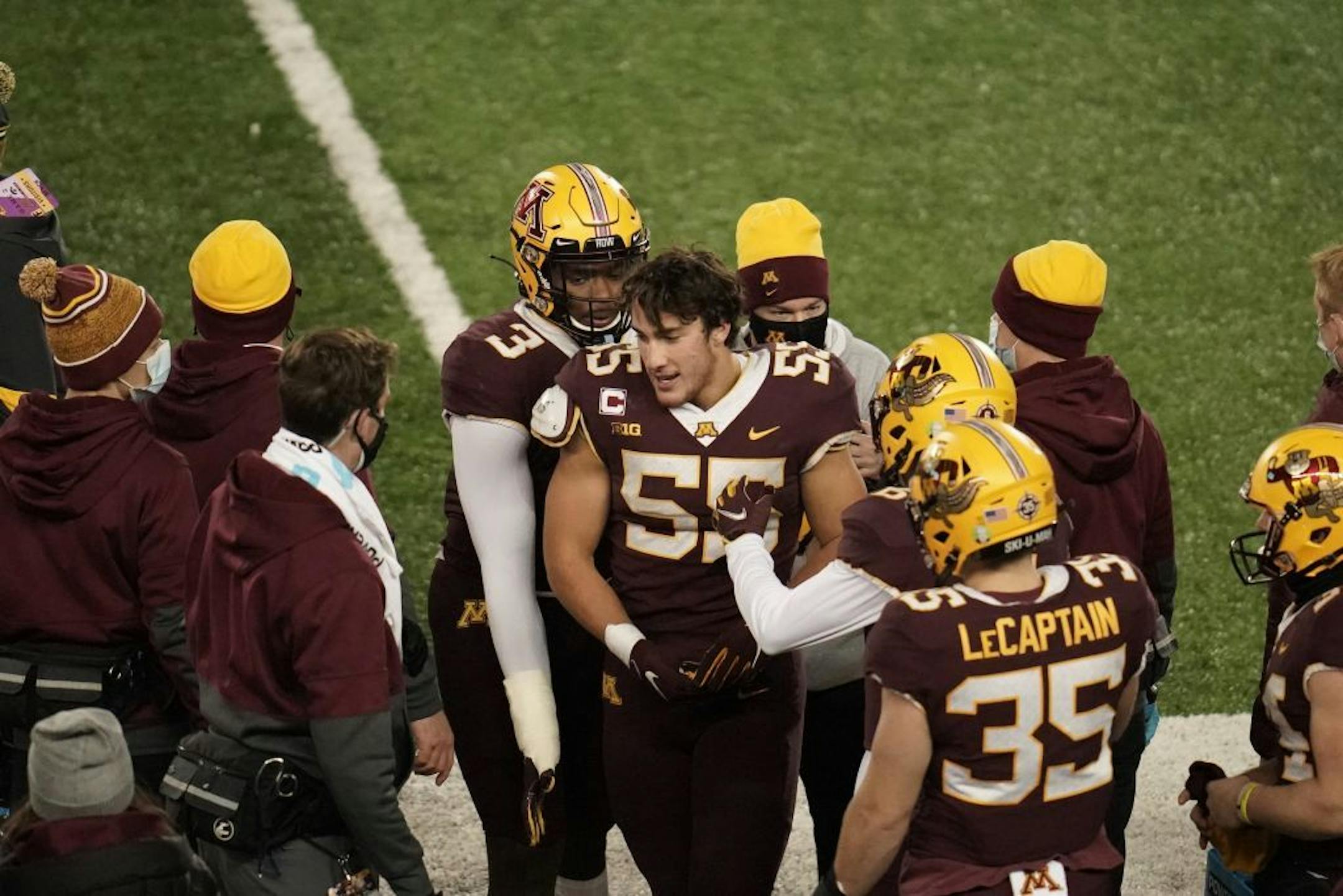 Minnesota Gophers linebacker Mariano Sori-Marin (55) was ejected from the game for targeting.
