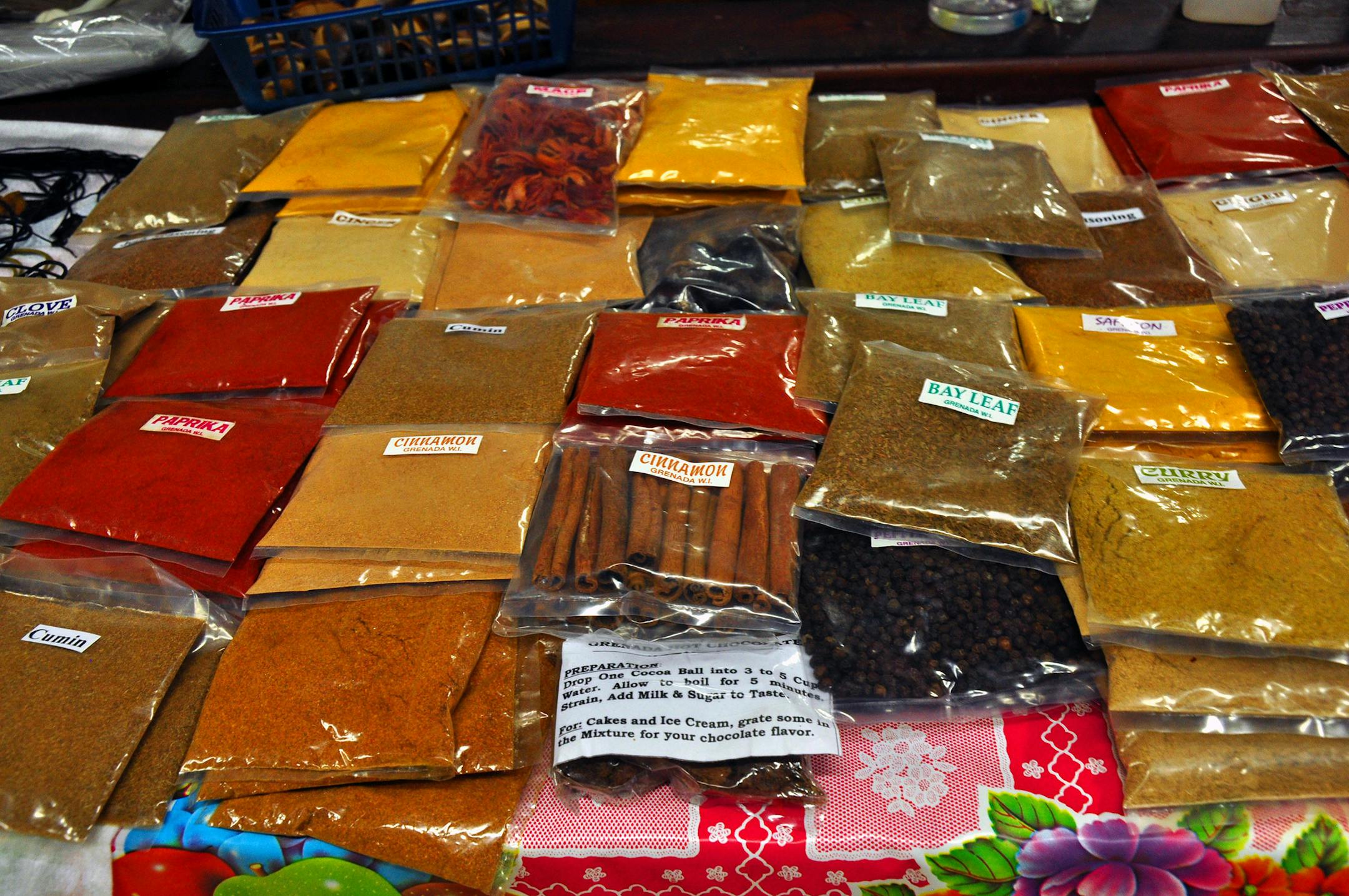 An array of spices is offered for sale at the market in St. George's, capital of Grenada, "The Spice Island." (Katherine Rodeghier/Chicago Tribune/TNS) ORG XMIT: 1242224