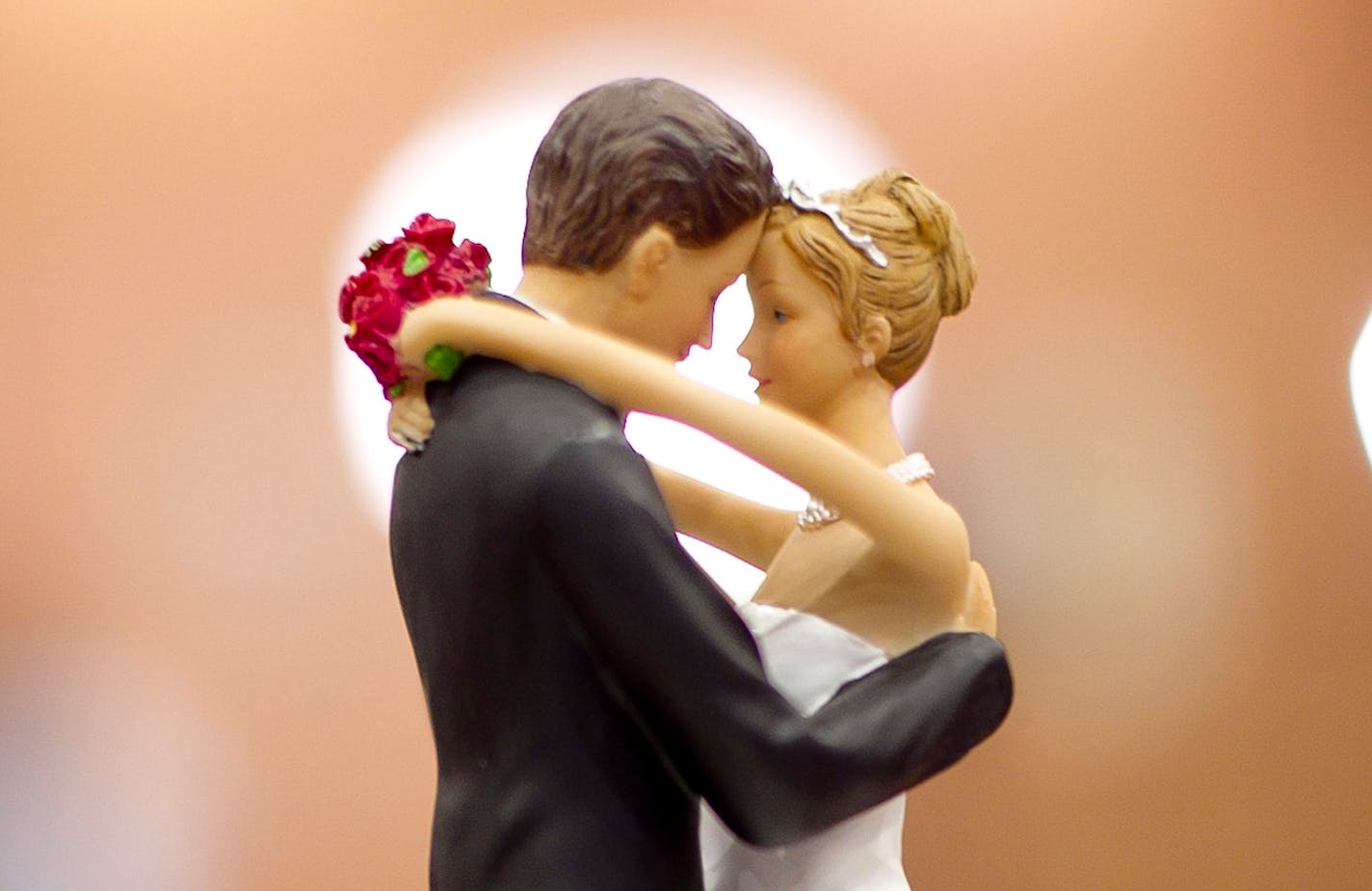 A figurine of a bride and a groom sits atop a wedding cake during an election party at the North Raleigh Hilton on Tuesday, May 8, 2012. Organizers plan to cut the cake if Amendment One, which would ban gay marriage, passes. (Robert Willett/Raleigh News & Observer/MCT)