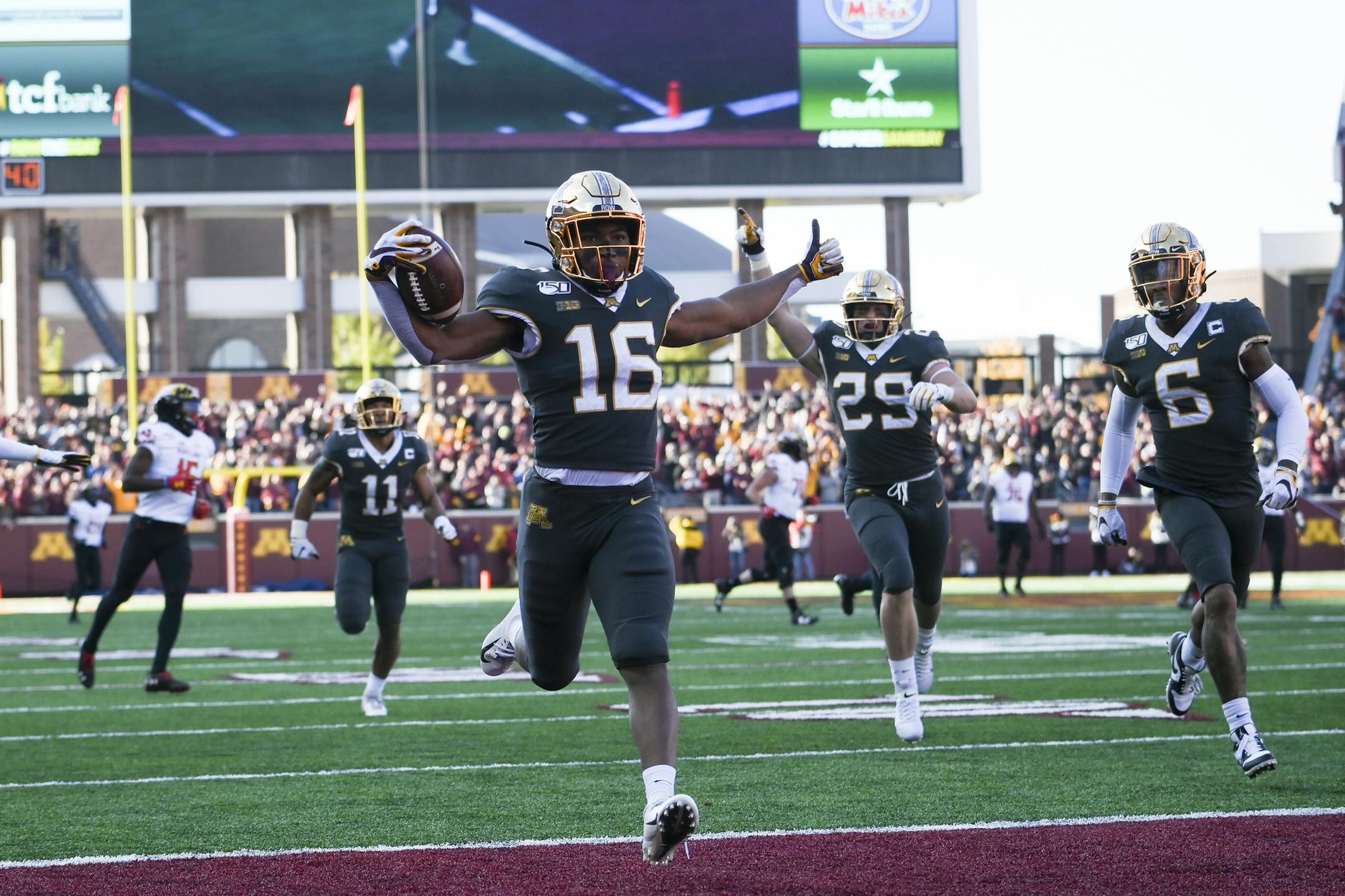 Gophers defensive back Coney Durr (16) scored a touchdown off a intercepted pass against Maryland in the second quarter. ] Aaron Lavinsky • aaron.lavinsky@startribune.com The Gophers played the Maryland Terrapins on Saturday, Oct. 26, 2019 at TCF Bank Stadium in Minneapolis, Minn.