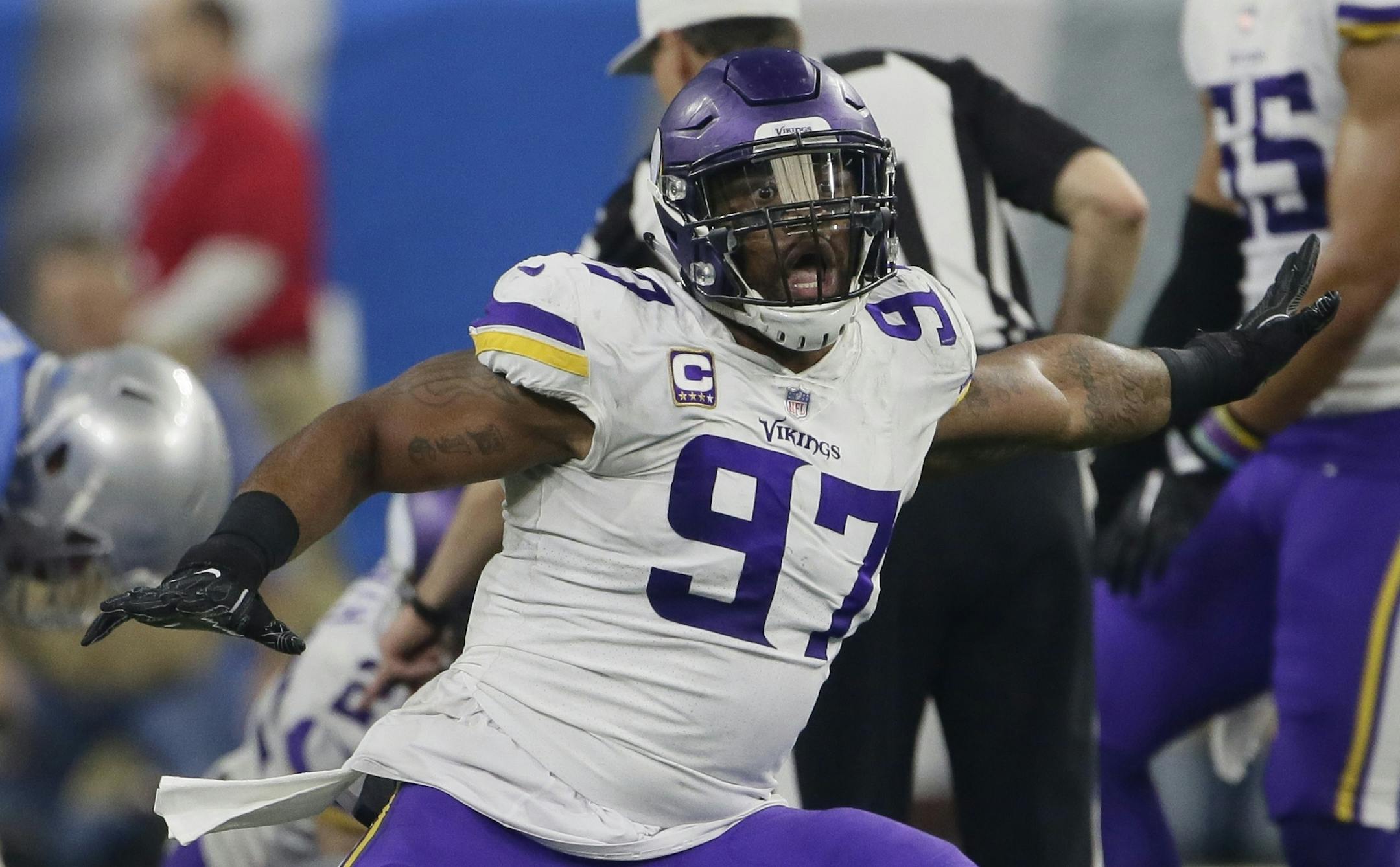 Minnesota Vikings defensive end Everson Griffen (97) reacts after a play during the second half of an NFL football game against the Detroit Lions, Thursday, Nov. 23, 2017, in Detroit. (AP Photo/Duane Burleson)