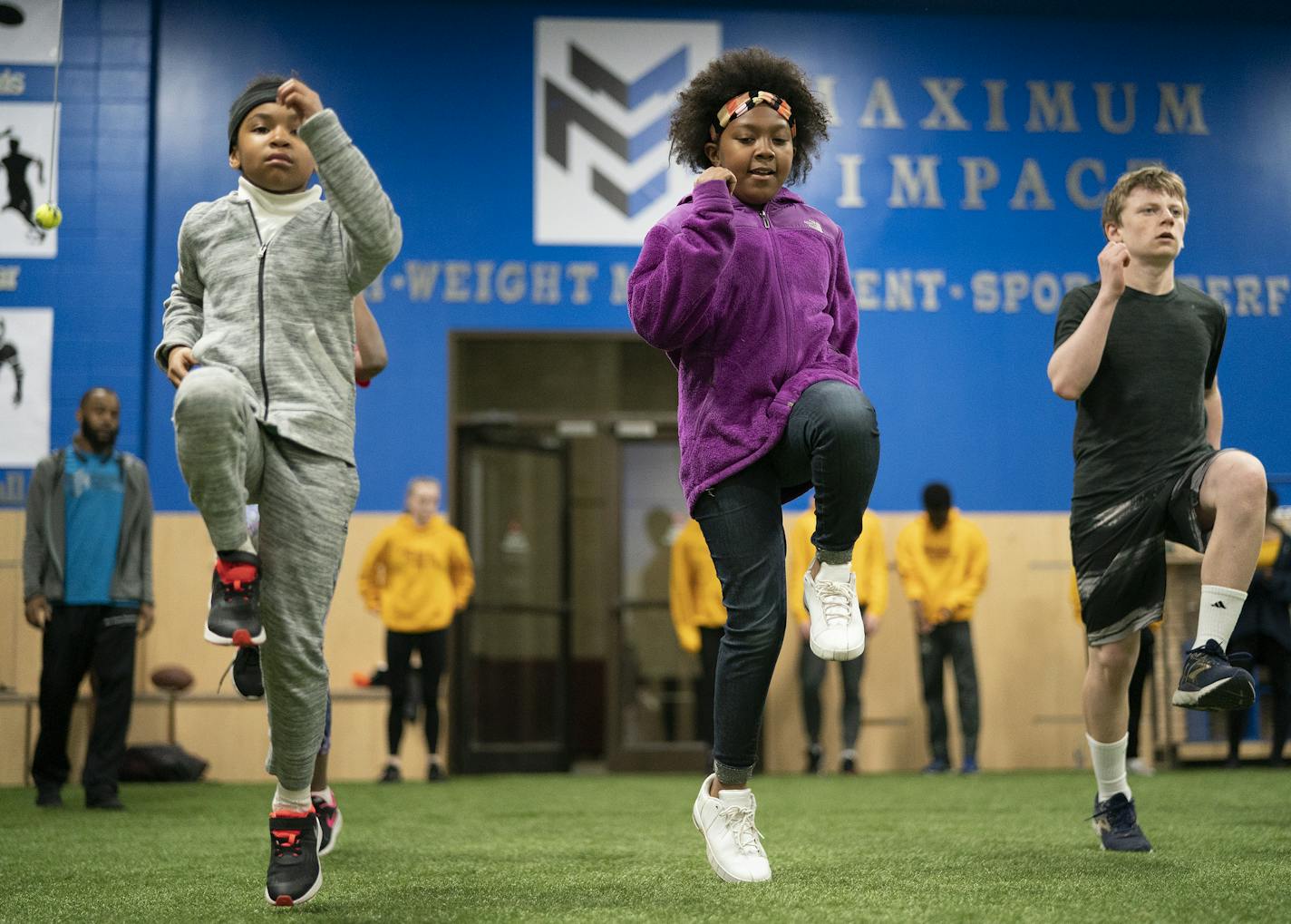 Logan Webster 10, left Amani Powell 10, and Zach Weiner 14, worked out at the Youth & Families Determined To Succeed facility Wednesday April 17, 2019 in Minneapolis, MN.] Jerry Holt &#x2022; Jerry.holt@startribune.com