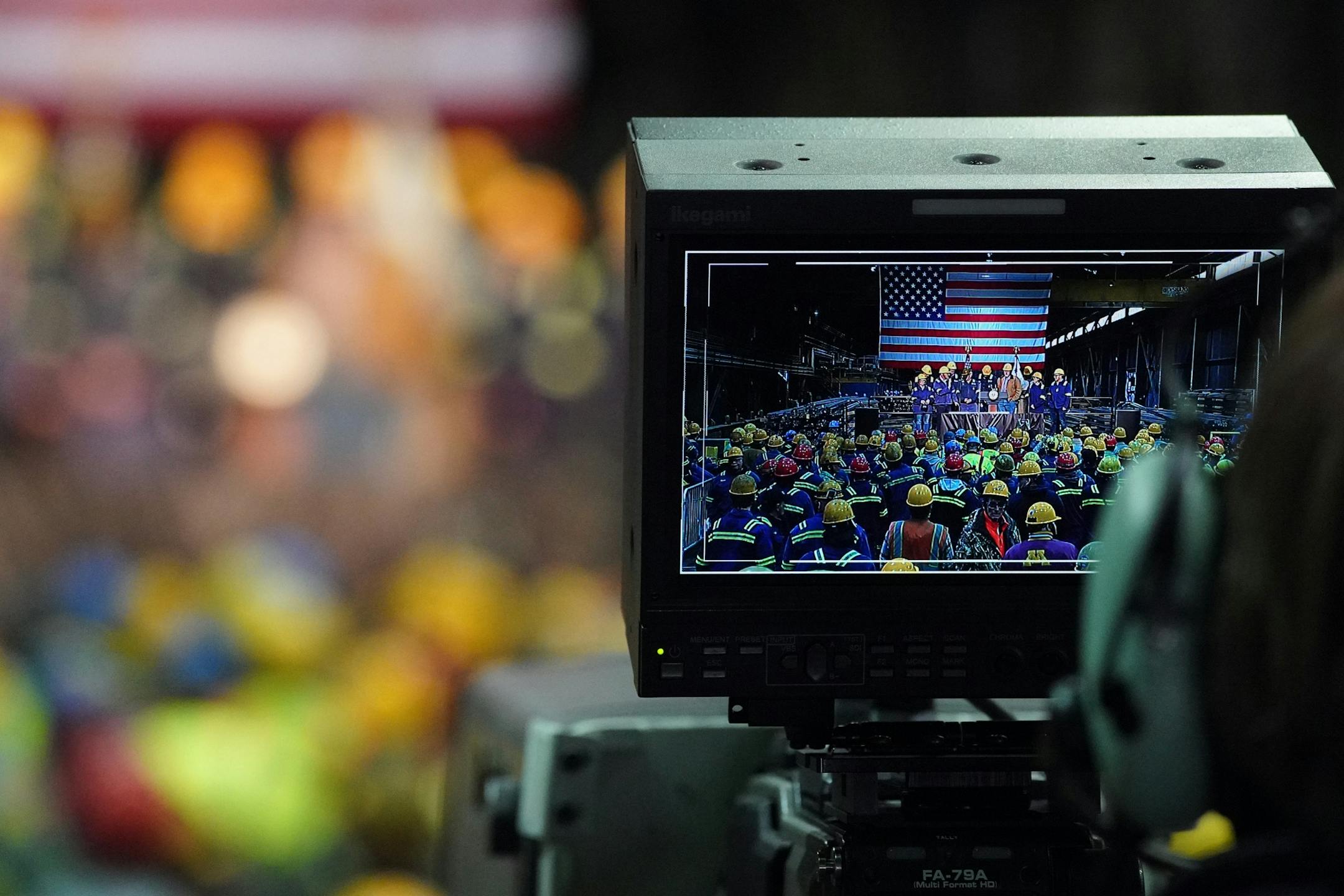 TV crews waited for Vice President Mike Pence to speak at Gerdau Ameristeel Thursday.