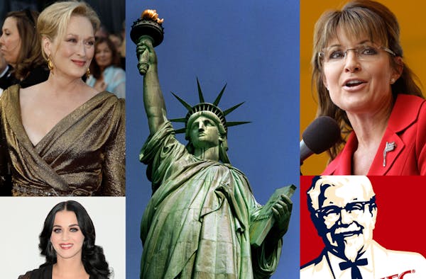 Counterclockwise: Statue of Liberty, Sarah Palin, KFC logo, Katy Perry, Meryl Streep.
