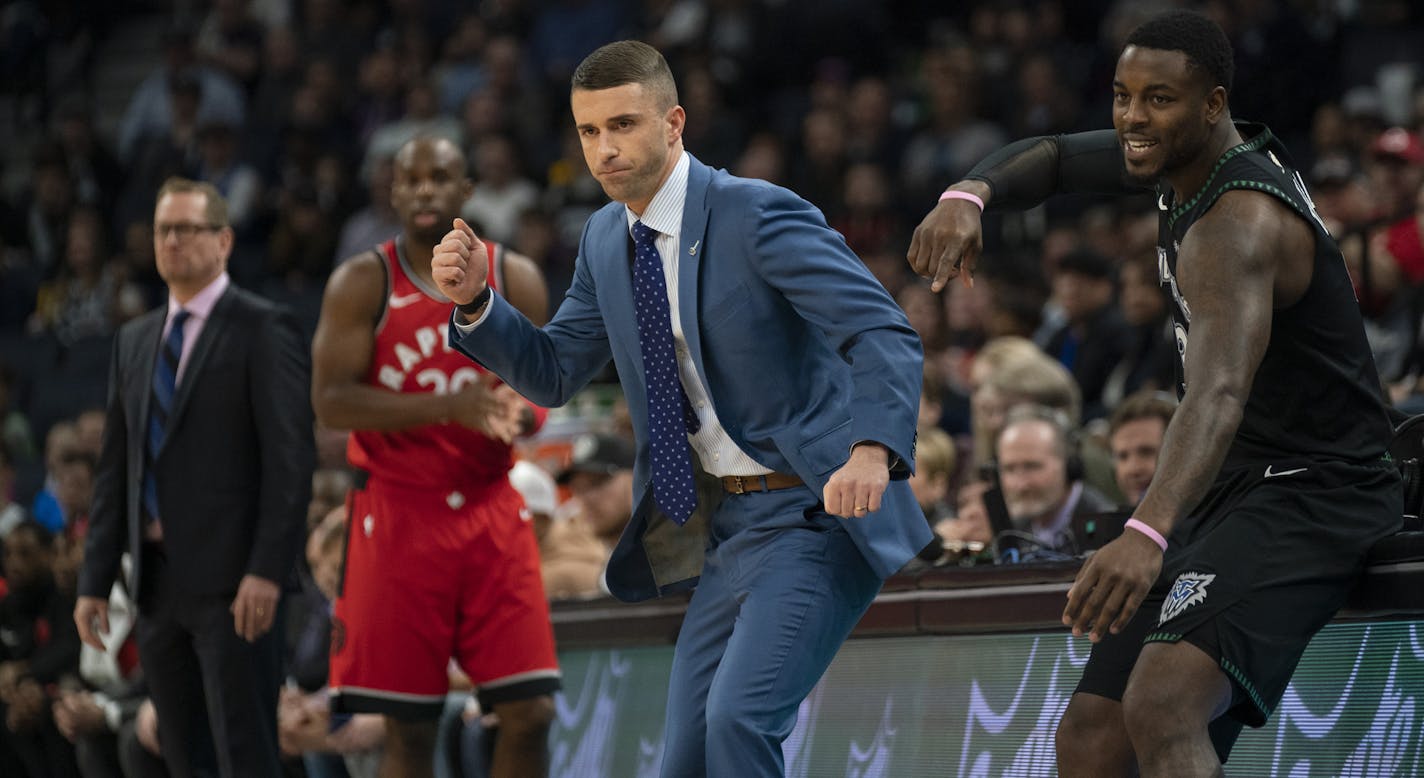 Minnesota Timberwolves head coach Ryan Saunders watched his team make a first quarter shot with Minnesota Timberwolves guard Jared Terrell (3), who was about to enter the game. ] JEFF WHEELER &#x2022; jeff.wheeler@startribune.com The Minnesota Timberwolves faced the Toronto Raptors in their final NBA game of the season Tuesday night, April 9, 2019 at Target Center in Minneapolis.