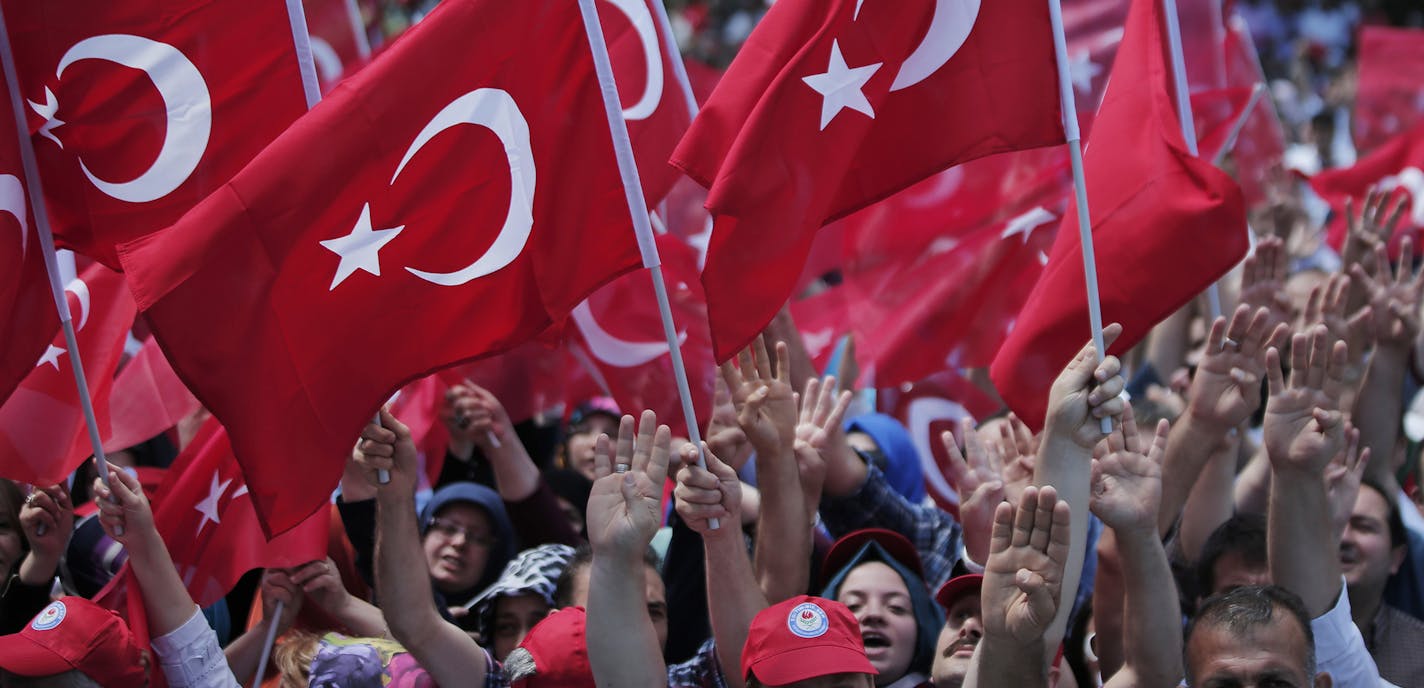 Pro-government wave Turkish flags as they protest against the attempted coup, in Istanbul, Tuesday, July 19, 2016. The Turkish government accelerated its crackdown on alleged plotters of the failed coup against President Recep Tayyip Erdogan. (AP Photo/Lefteris Pitarakis) ORG XMIT: MIN2016071914152427