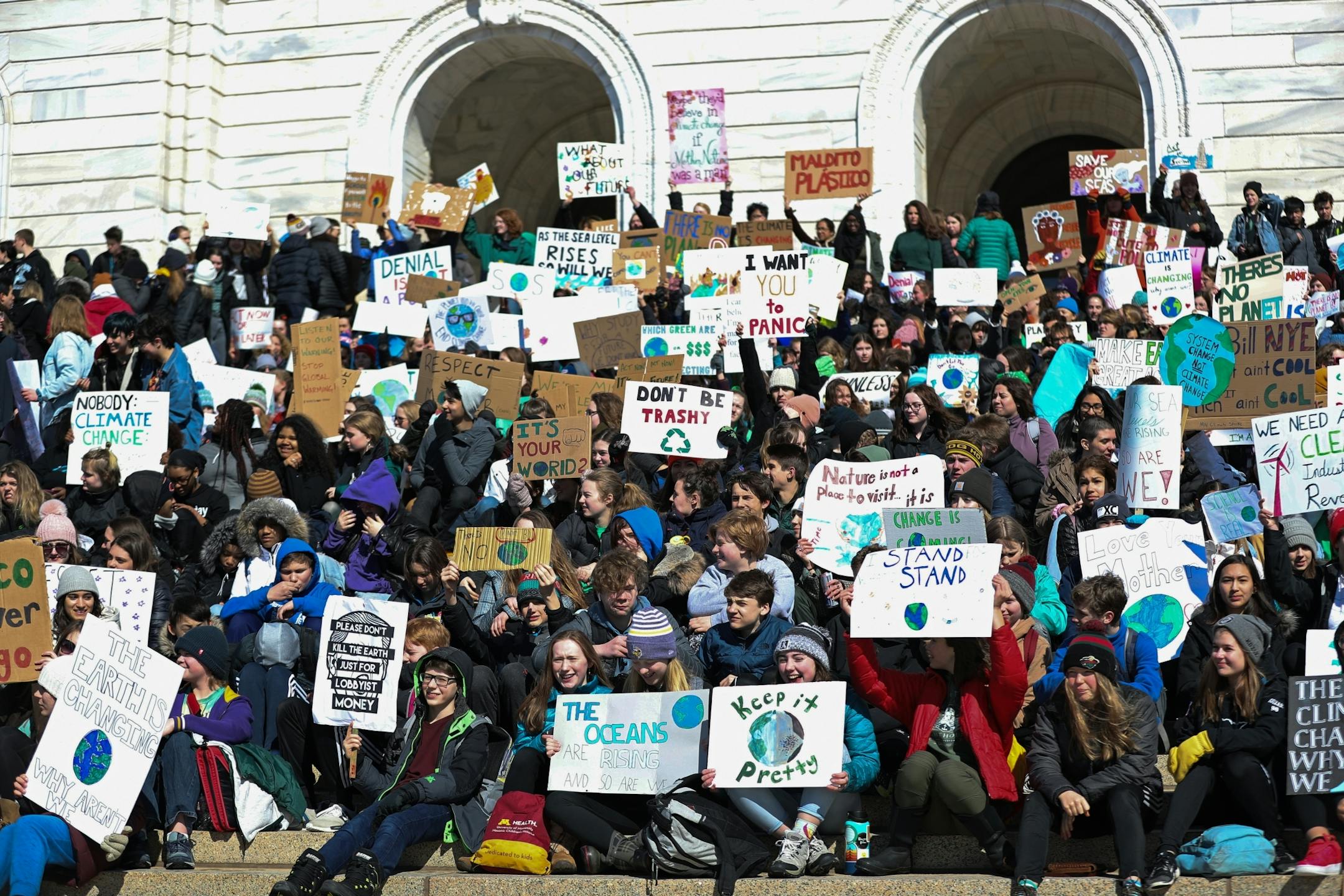 Minnesota students left school and went to the Capitol in St. Paul to be part of an international climate change protest, joining hundreds of thousands of students in more than 100 countries around the globe on Friday, March 15, 2019.