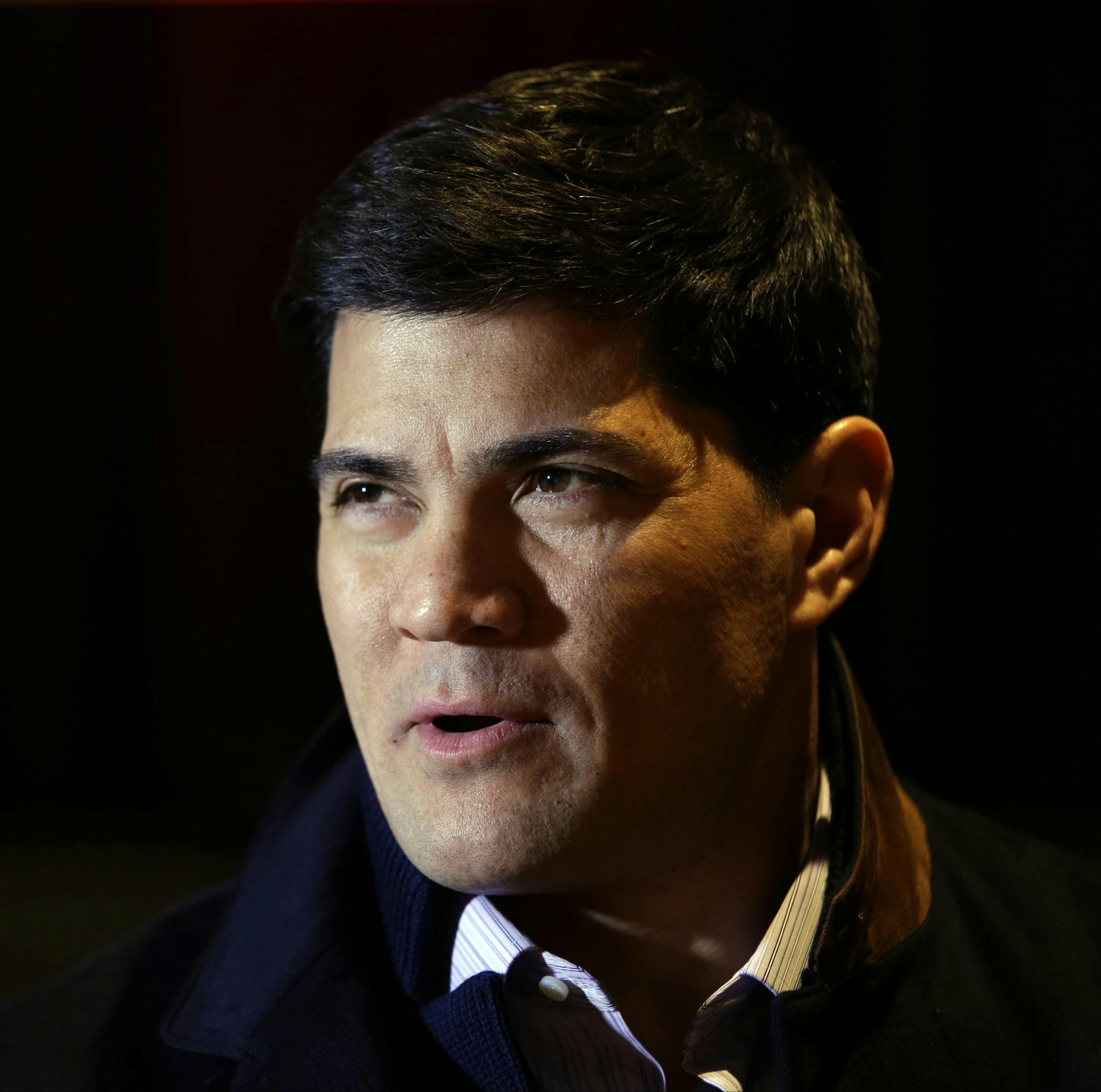 FILE - In this Jan. 29, 2014, file photo, Tedy Bruschi speaks during an interview at the NFL Super Bowl XLVIII media center in New York. Former New England Patriots linebacker and current ESPN analyst Tedy Bruschi is recovering in a Massachusetts hospital after suffering a second stroke.
His family says in a statement the 46-year-old suffered the stroke Thursday and immediately recognized the warning signs of arm weakness, face drooping and speech difficulties. Bruschi was admitted to Sturdy Mem