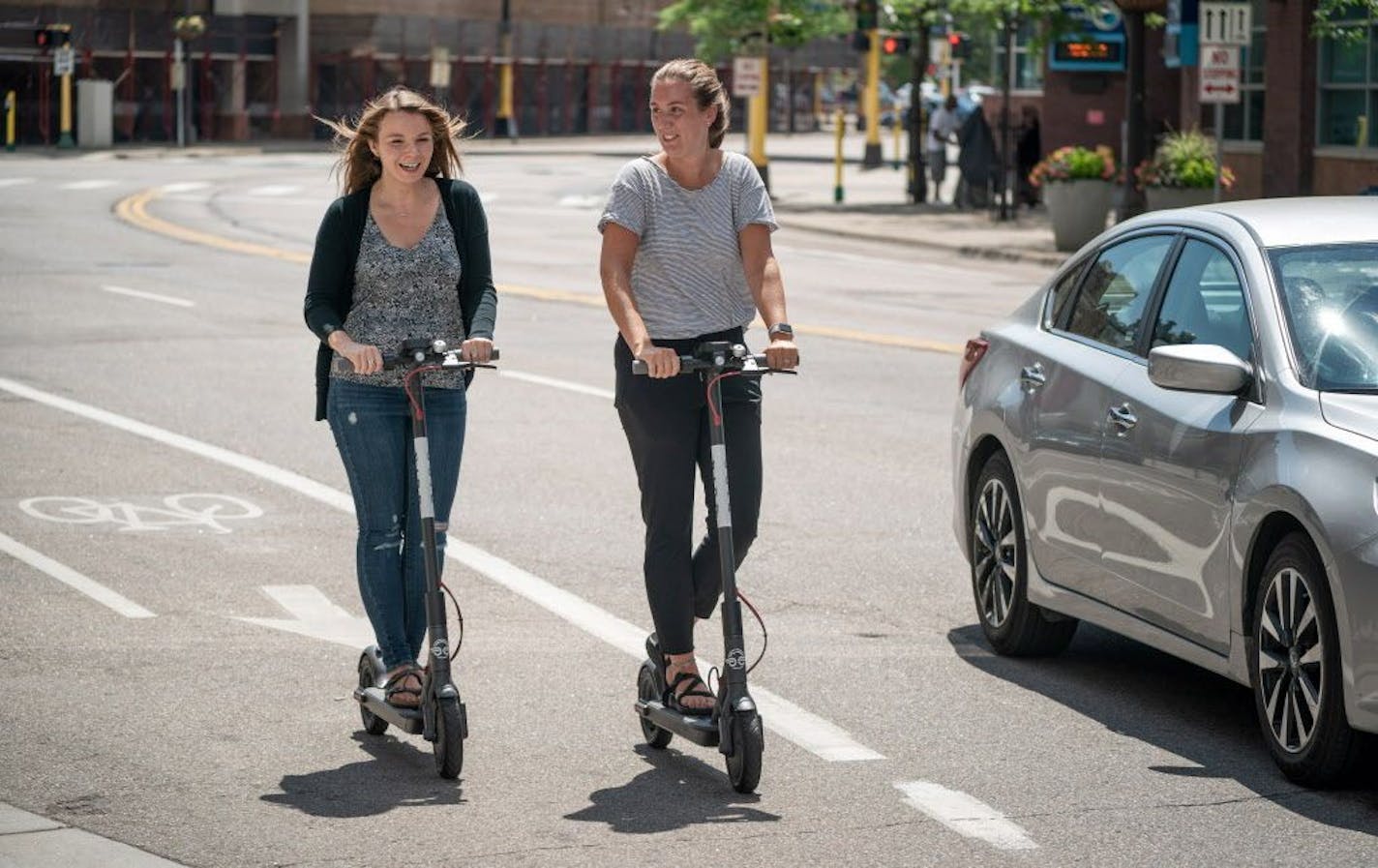 Sophie Konewko and Megan Albers took two Bird scooters for a ride through downtown Minneapolis.