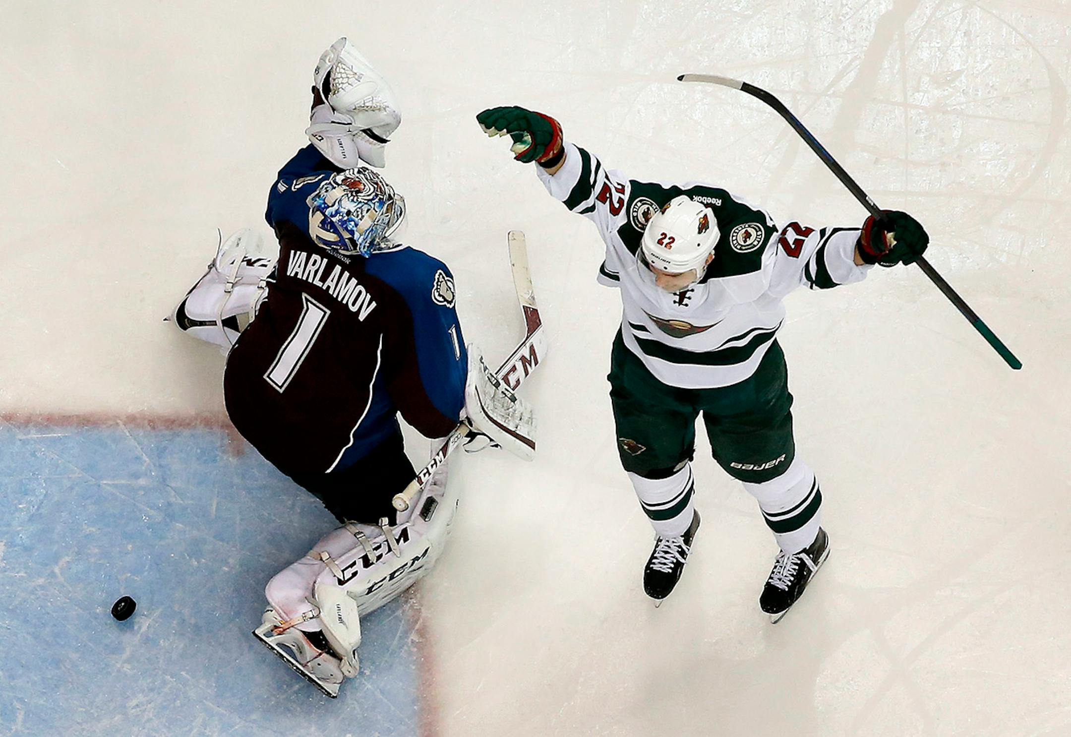When last we saw the Wild and Colorado Avalanhce, Nino Niederreiter, right, was celebrating after beating goalie Semyon Varlamov in overtime in Game 7 of the first-round playoff series