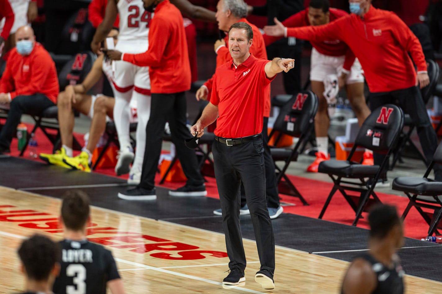 Nebraska head coach Fred Hoiberg points down court in the first half against Michigan State during an NCAA college basketball game on Saturday, Jan., 2, 2021, in Lincoln, Neb. (AP Photo/John Peterson)