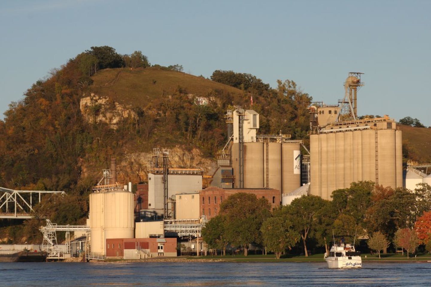 Barn Bluff rises above the Mississippi river town of Red Wing, Minnesota