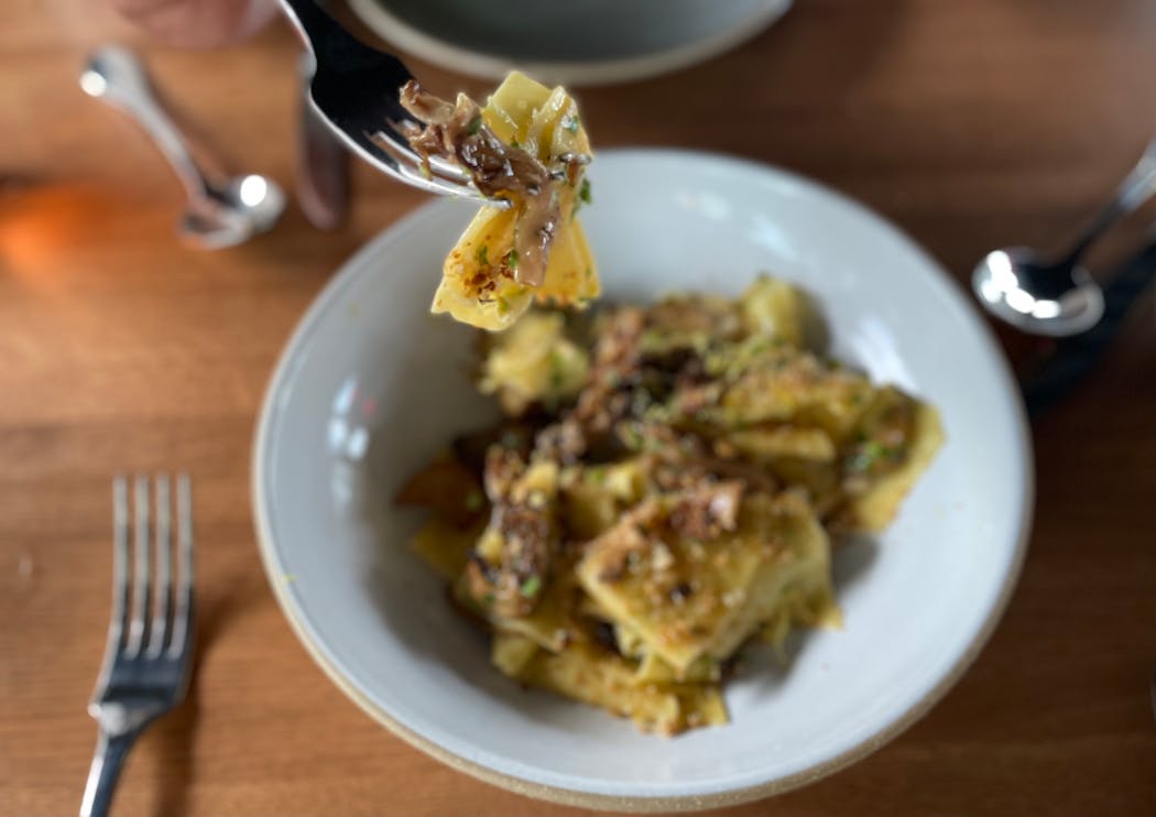 Of the pastas on the menu only one is made in house, the chunky mushroom and butter-tossed Stracci ($25).