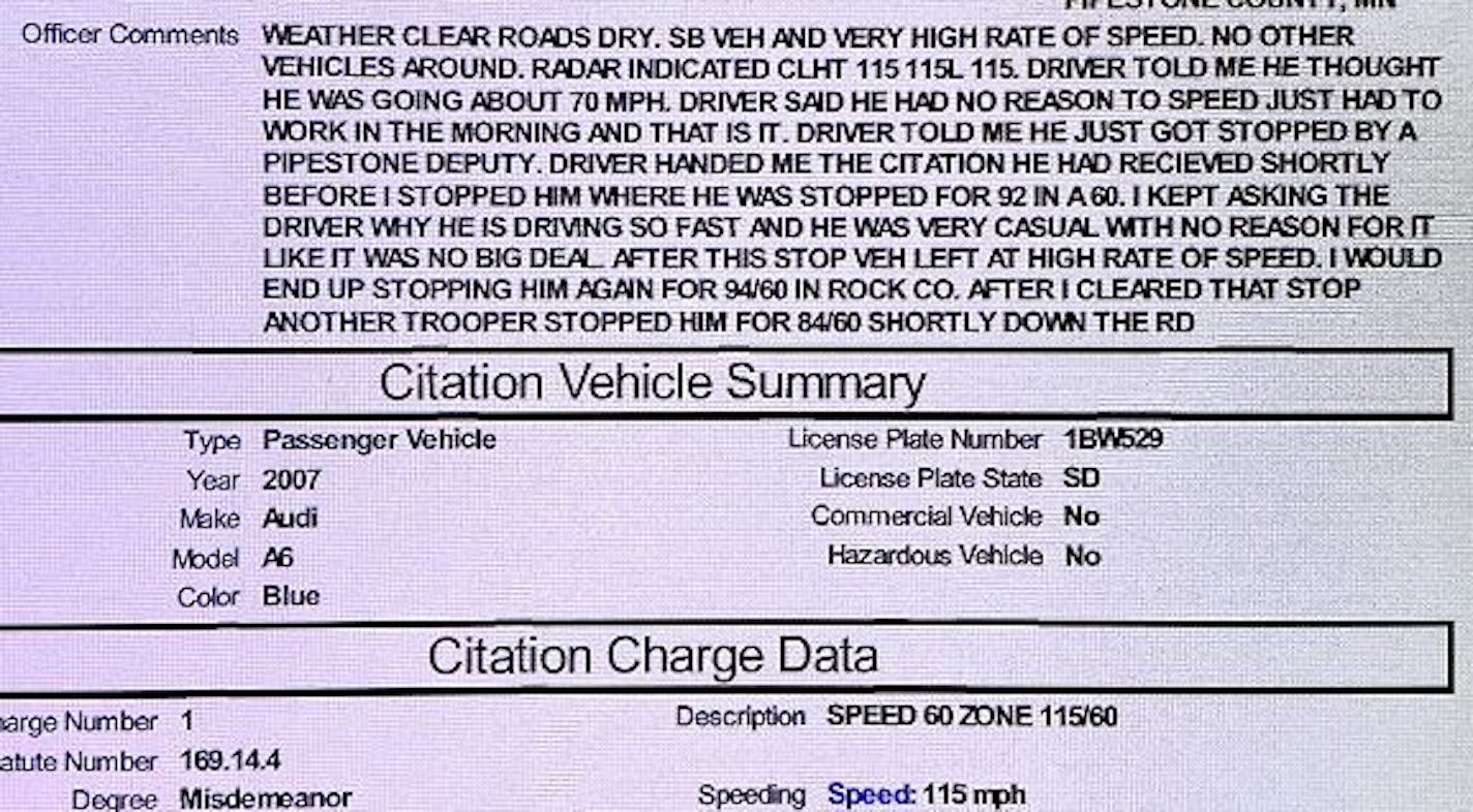 A trooper's observations on the citation after writing Shedrick Cooper a ticket for going 115 miles per hour. Credit: Pipestone County District Court