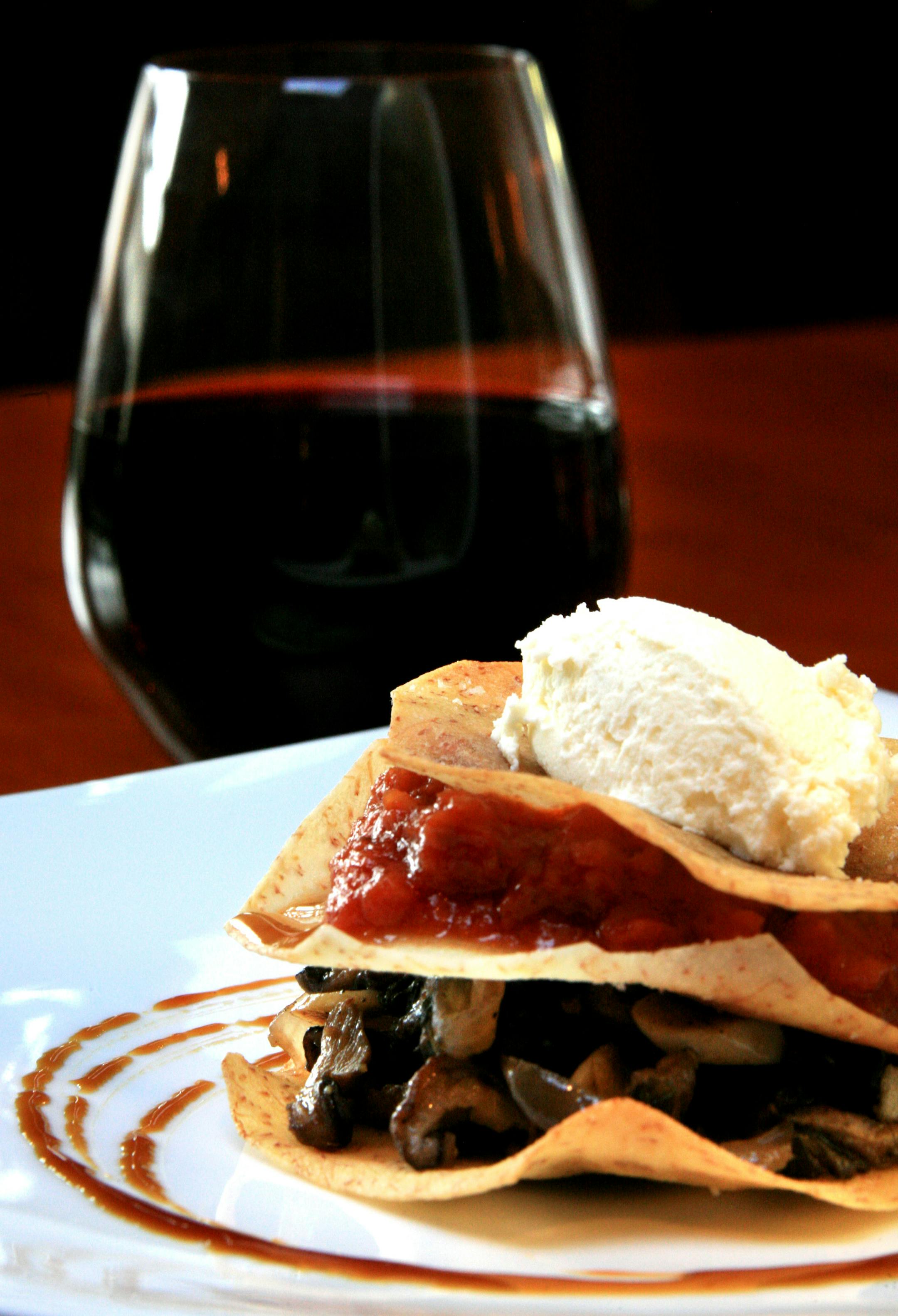 Sanctuary offers a tarot root Napoleon with roast mushrooms, sun dried tomato tepanade and mascarpone mousse.