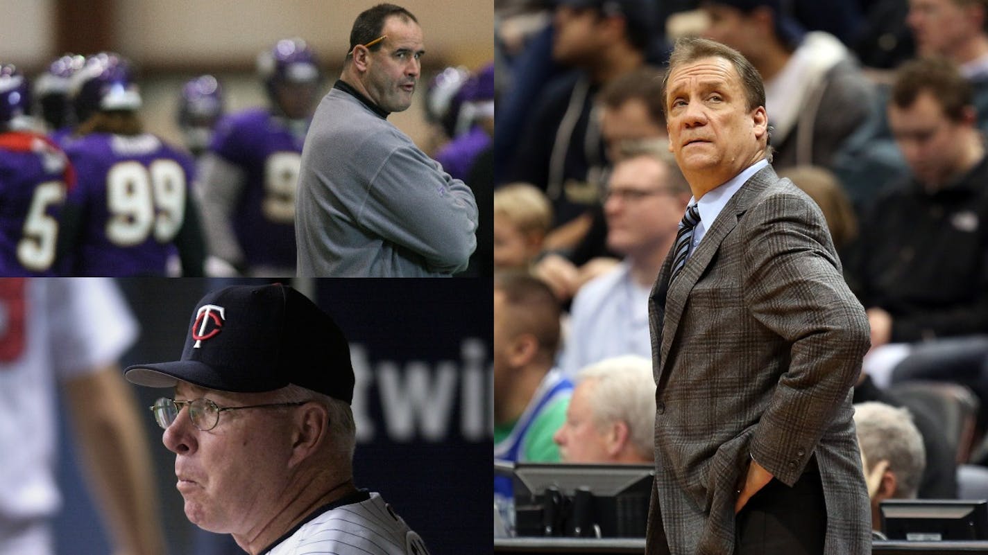 Three interim coaches who became head coaches of Minnesota pro teams, with varying levels of success (clockwise from top left): the Vikings' Mike Tice, the Timberwolves' Flip Saunders and the Twins' Tom Kelly.