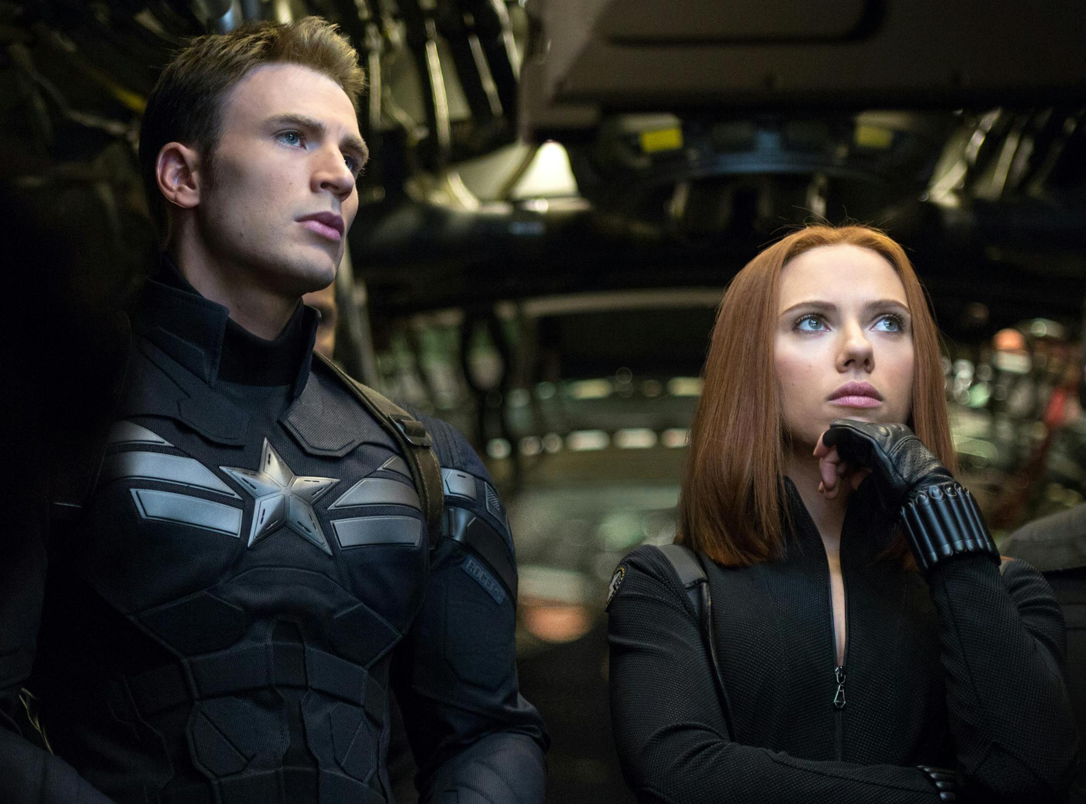 Chris Evans, left, and Scarlett Johansson in a scene from "Captain America: The Winter Soldier."