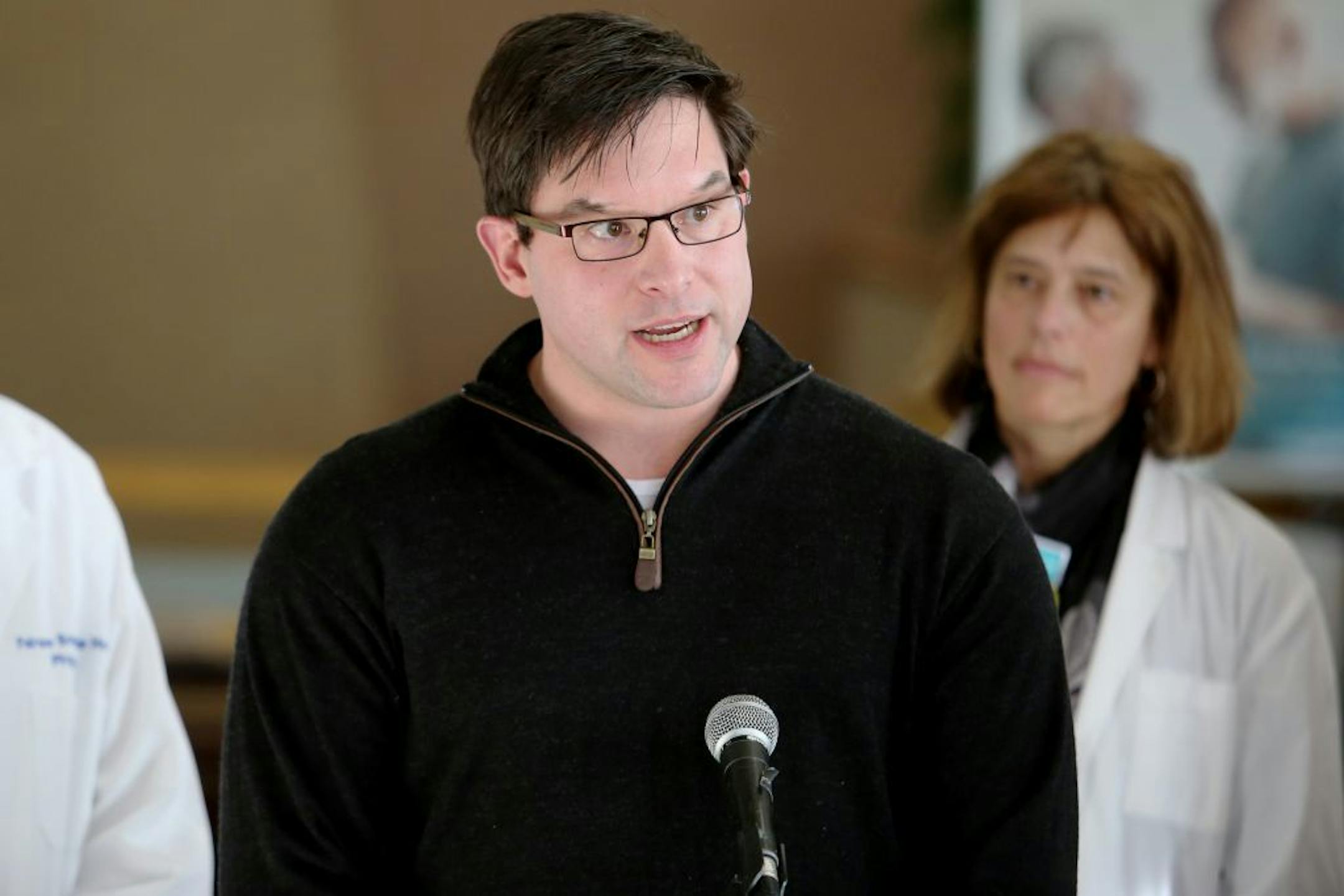Epidemiology Manager at Hennepin County Public Health, David Johnson, represents the county during a press conference about flu response at Fairview Southdale Hospital on Sunday, Feb. 11, 2018 in Edina, Minn.