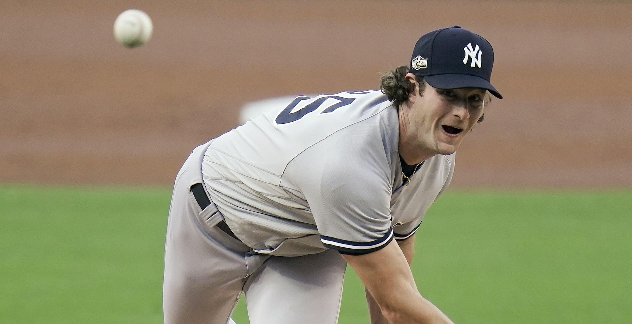 New York Yankees pitcher Gerrit Cole delivers against the Tampa Bay Rays during the first inning in Game one of a baseball American League Division Series Monday, Oct. 5, 2020, in San Diego. (AP Photo/Jae C. Hong)