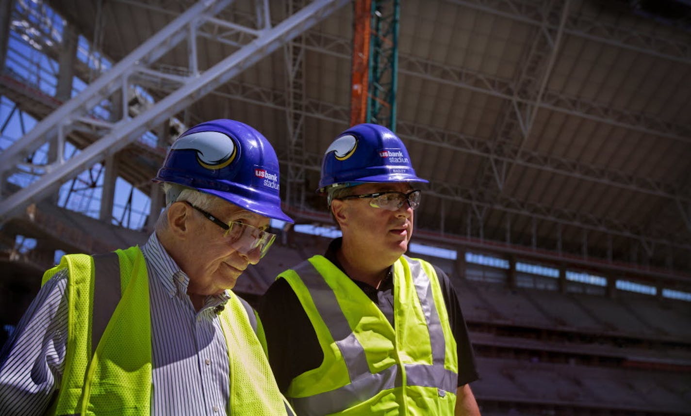 Sid Hartman got a tour of the under-construction U.S. Bank Stadium in July 2015 with Vikings executive Lester Bagley.