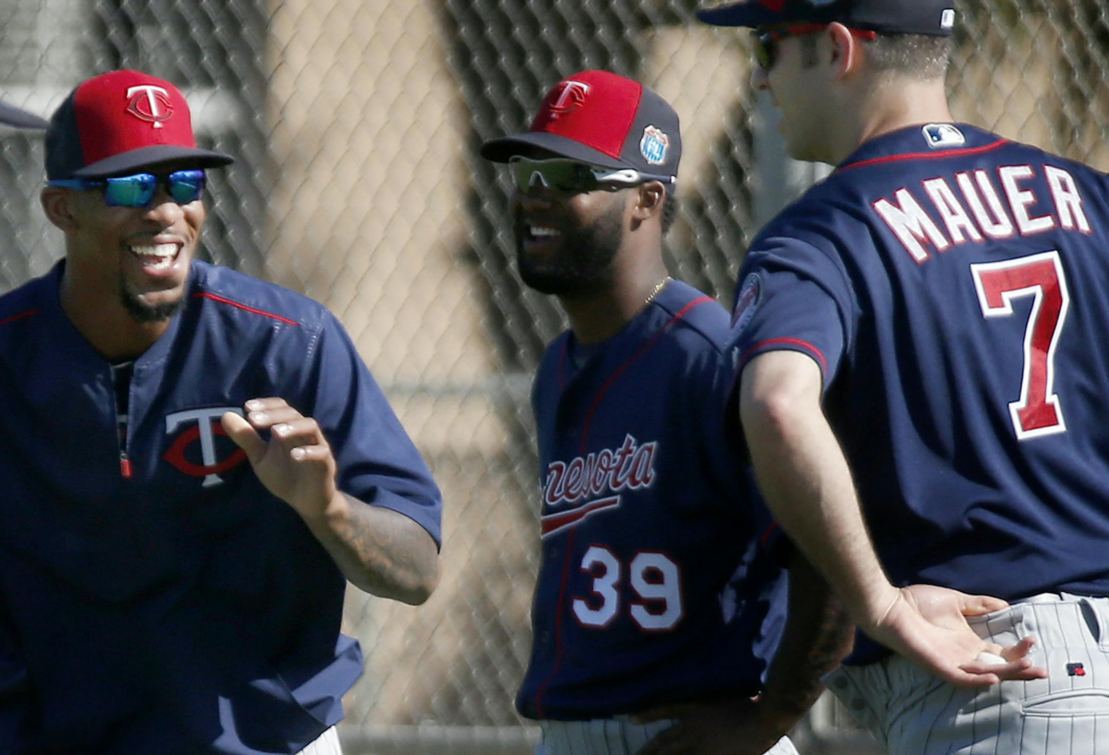 Minnesota Twins Byron Buxton joked with Joe Mauer during practice on Tuesday. ] CARLOS GONZALEZ cgonzalez@startribune.com - March 1, 2016, Fort Myers, FL, CenturyLink Sports Complex, Minnesota Twins Spring Training, MLB, Baseball, First Full team workout