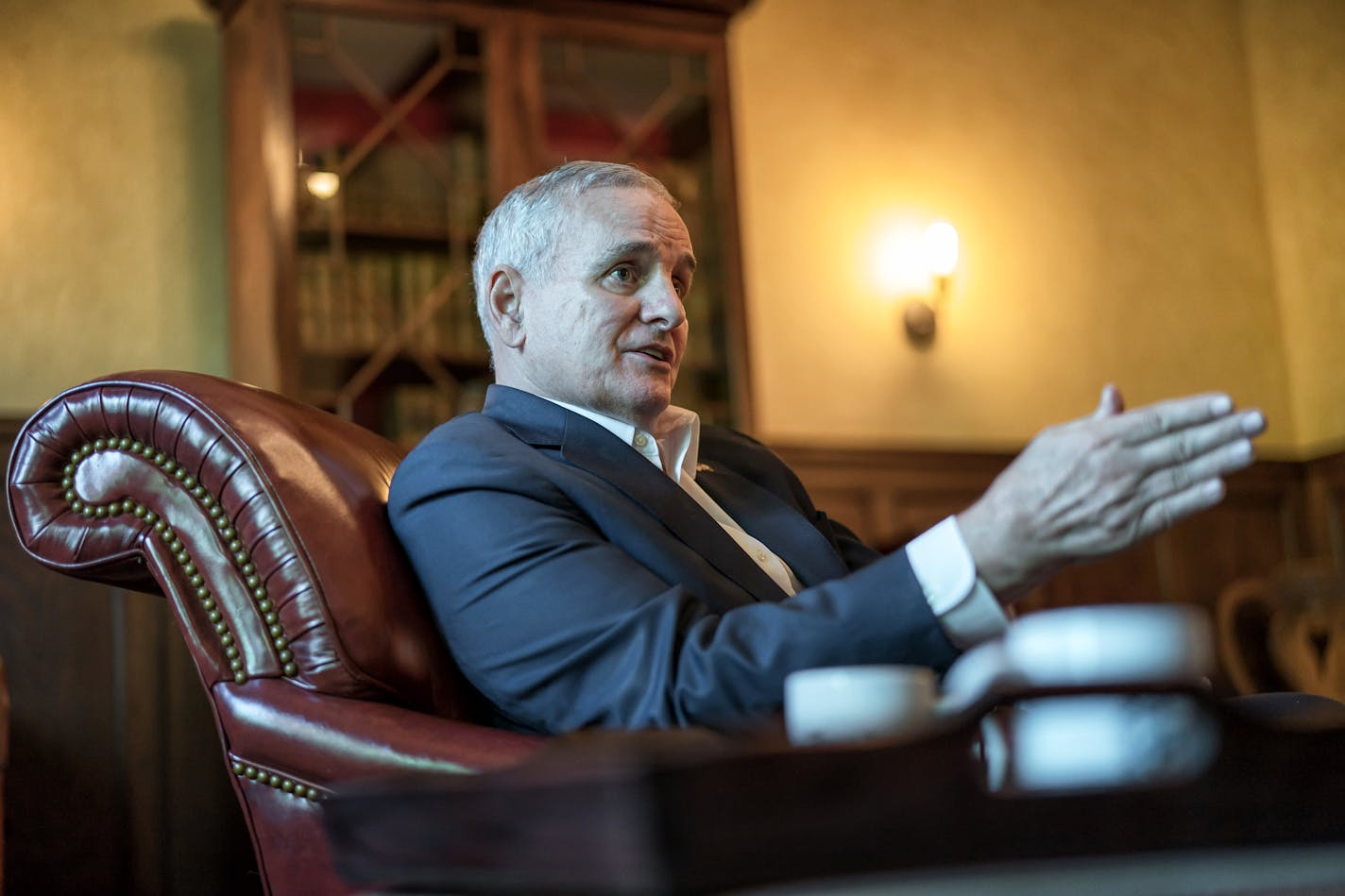 Minnesota Gov. Mark Dayton reflected on the final days of the 2018 legislative session in the library of the governor's residence.