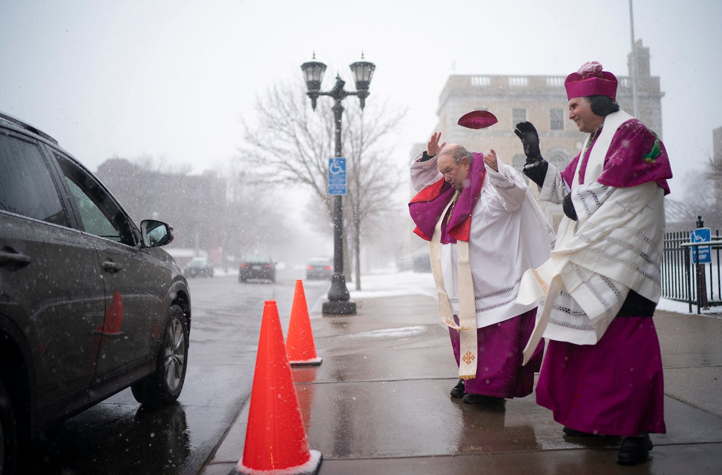 A gust of wind took Archbishop Bernard Hebda's cap off while he and Auxiliary Bishop Andrew Cozzens offered a special Easter Blessings from the Bishops.