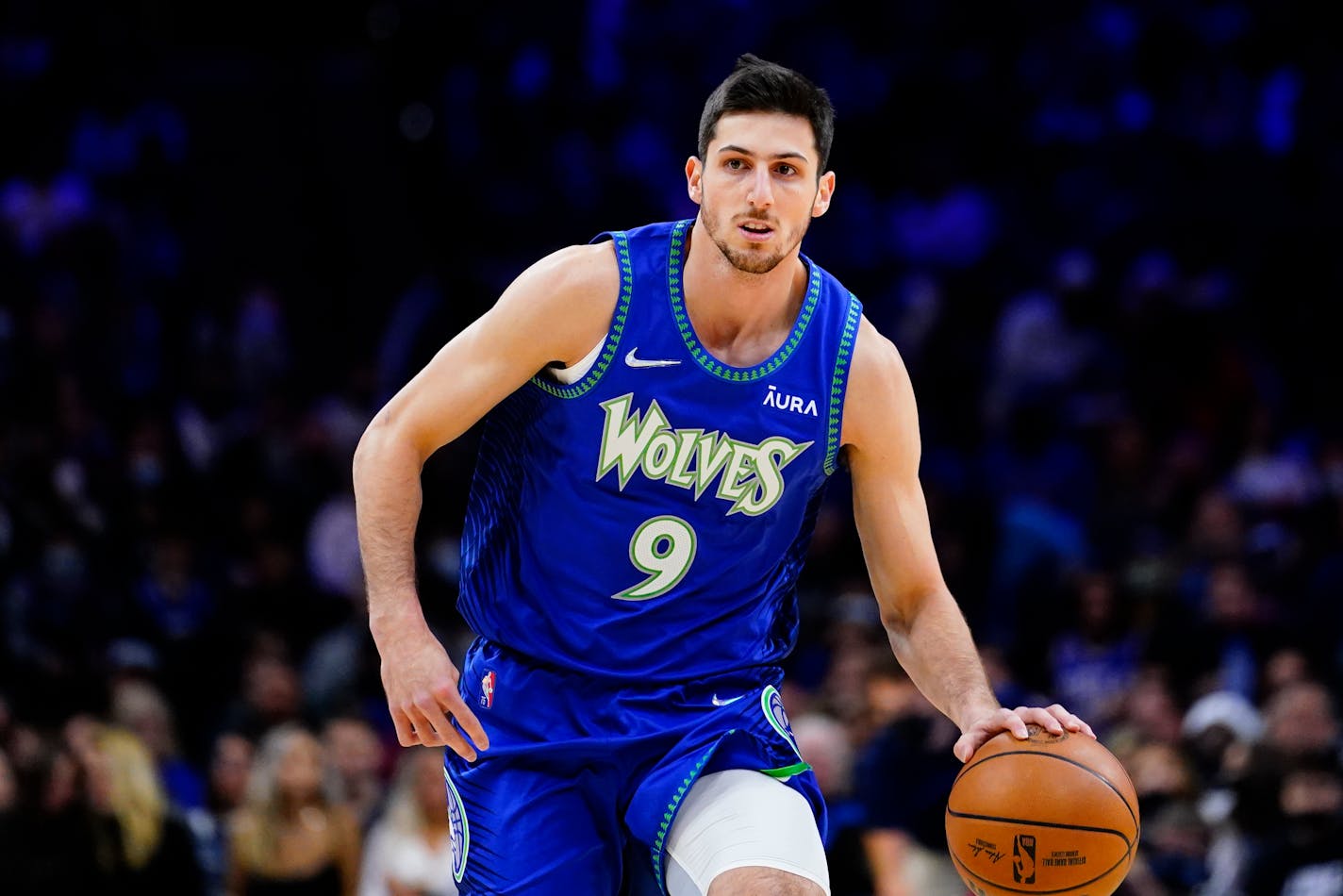 Minnesota Timberwolves' Leandro Bolmaro plays during an NBA basketball game, Saturday, Nov. 27, 2021, in Philadelphia. (AP Photo/Matt Slocum)