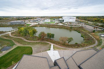 The view of TCO Stadium and TCO Performance Center from one of two Presidential Suites. The OMNI Viking Lakes Hotel opens Thursday. The Nordic-themed 