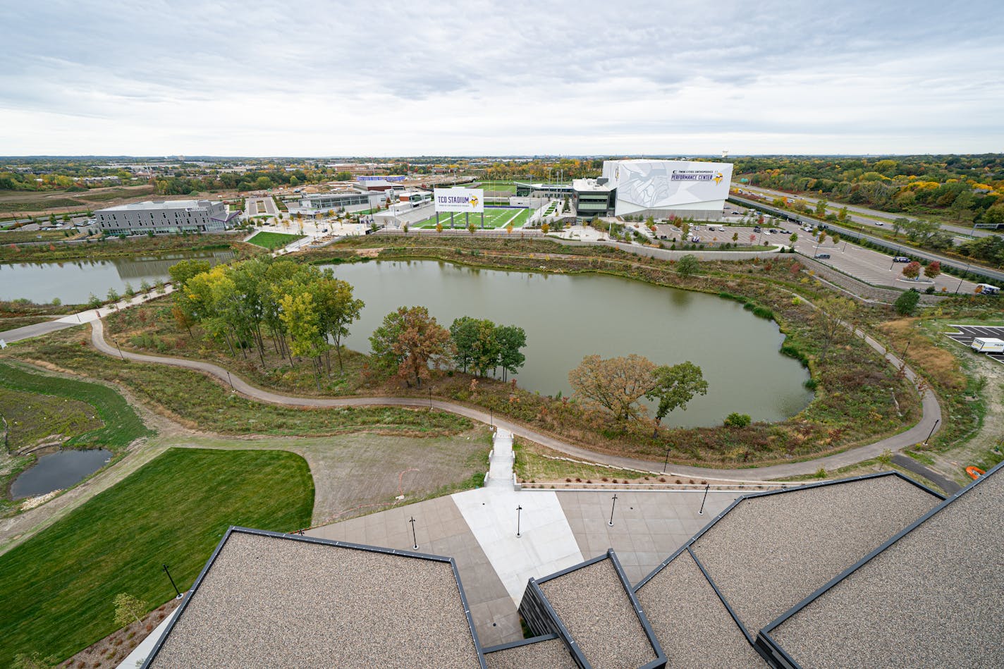 The view of TCO Stadium and TCO Performance Center from one of two Presidential Suites. The OMNI Viking Lakes Hotel opens Thursday. The Nordic-themed space is a cornerstone of the Eagan piece of the Minnesota Vikings owners redevelopment of the land that used to be the headquarters of Northwest Airlines.