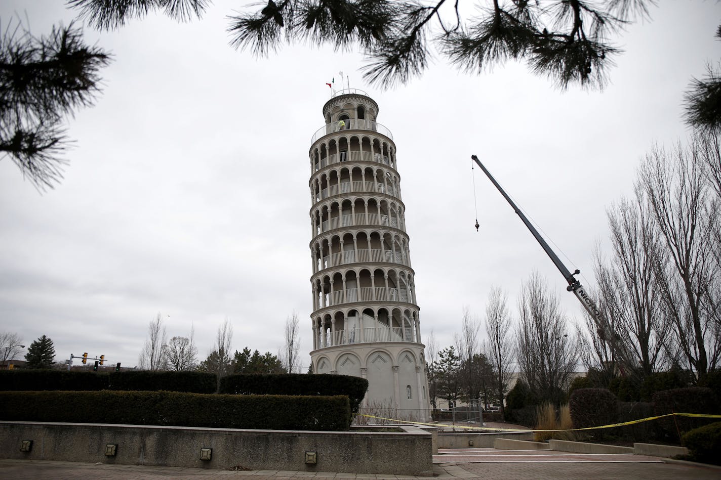 The Leaning Tower of Niles is shown on Dec. 2, 2019, as workers reinstall its restored 17th and 18th century bronze bells.