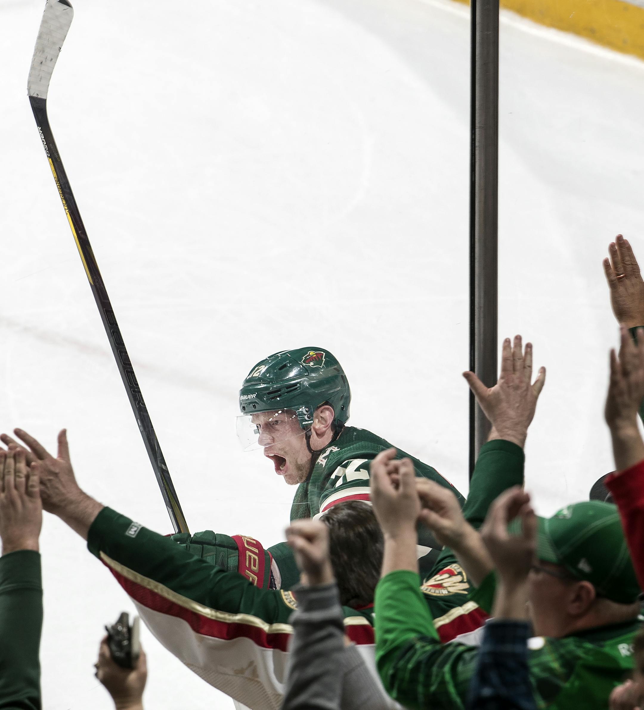 Eric Staal (12) celebrated after scoring a goal in the second period to tie the game at 2-2. ] CARLOS GONZALEZ &#xef; cgonzalez@startribune.com &#xf1; March 19, 2018, St. Paul, MN, Xcel Energy Center, NHL, Minnesota Wild vs. Los Angeles Kings
