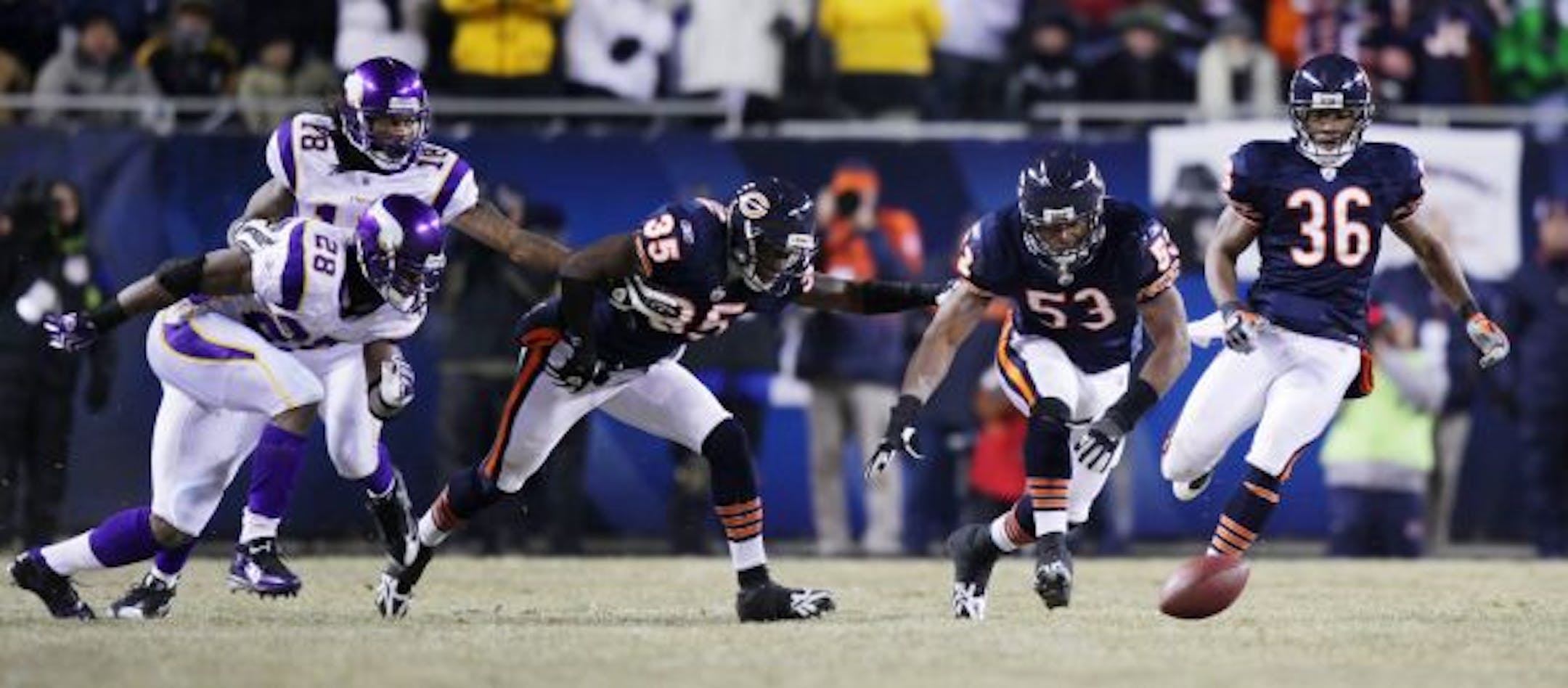 Vikings running back Adrian Peterson's fumble was recovered in overtime by the Bears, who scored on the next play to win the game 36-30.