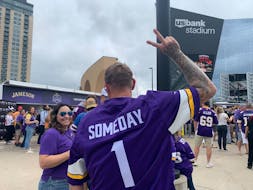 Kori Tollefson of Grand Forks, N.D., wears his Vikings jersey declaring "Someday" outside U.S. Bank Stadium Sunday.&nbsp;Tollefson said he came up wit
