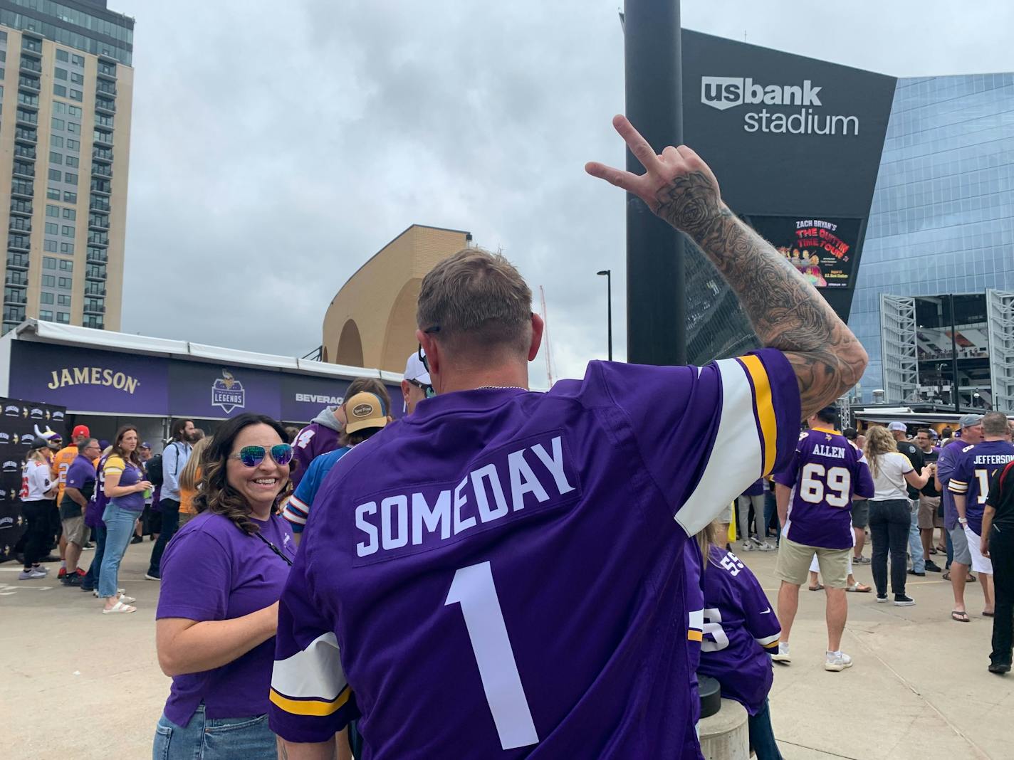 Kori Tollefson of Grand Forks, N.D., wears his Vikings jersey declaring "Someday" outside U.S. Bank Stadium Sunday.&nbsp;Tollefson said he came up with the idea after discovering, "I'm cursed.&nbsp;Every player's jersey I get, he leaves the next season."