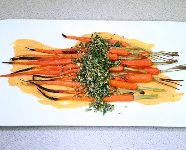 Roasted Young Carrots With Creamy Orange Carrot Sauce and Carrot Top Gremolata