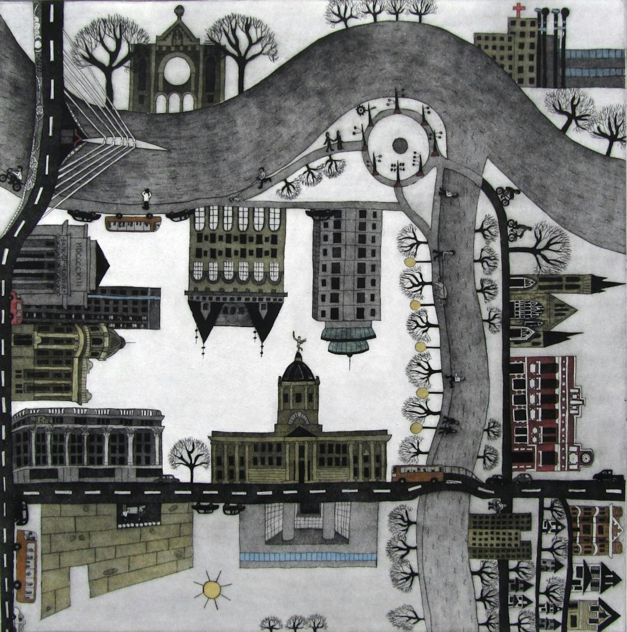 Miriam Rudolph affectionately describes the architecture and principal buildings of "My Winnipeg II," her hand-colored etching of a tidy urban landscape punctuated with modern and traditional buildings, paper-doll trees and tiny vehicles.