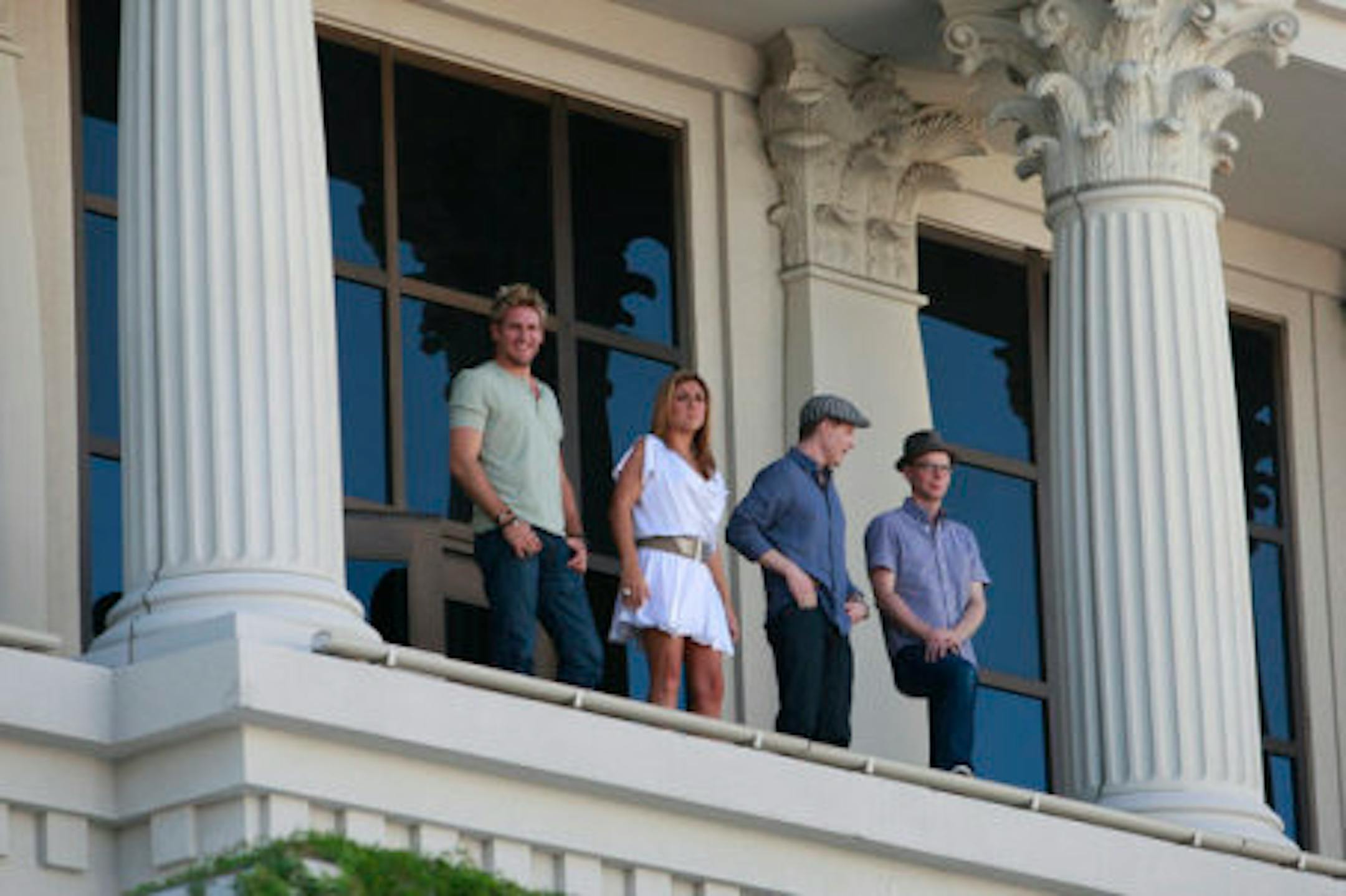 AMERICA'S NEXT GREAT RESTAURANT -- "Venture in Vegas" Episode 108 -- Pictured: (l-r) Curtis Stone, Lorena Garcia, Bobby Flay, Steve Ells -- Photo by: Marlene Karas/NBC