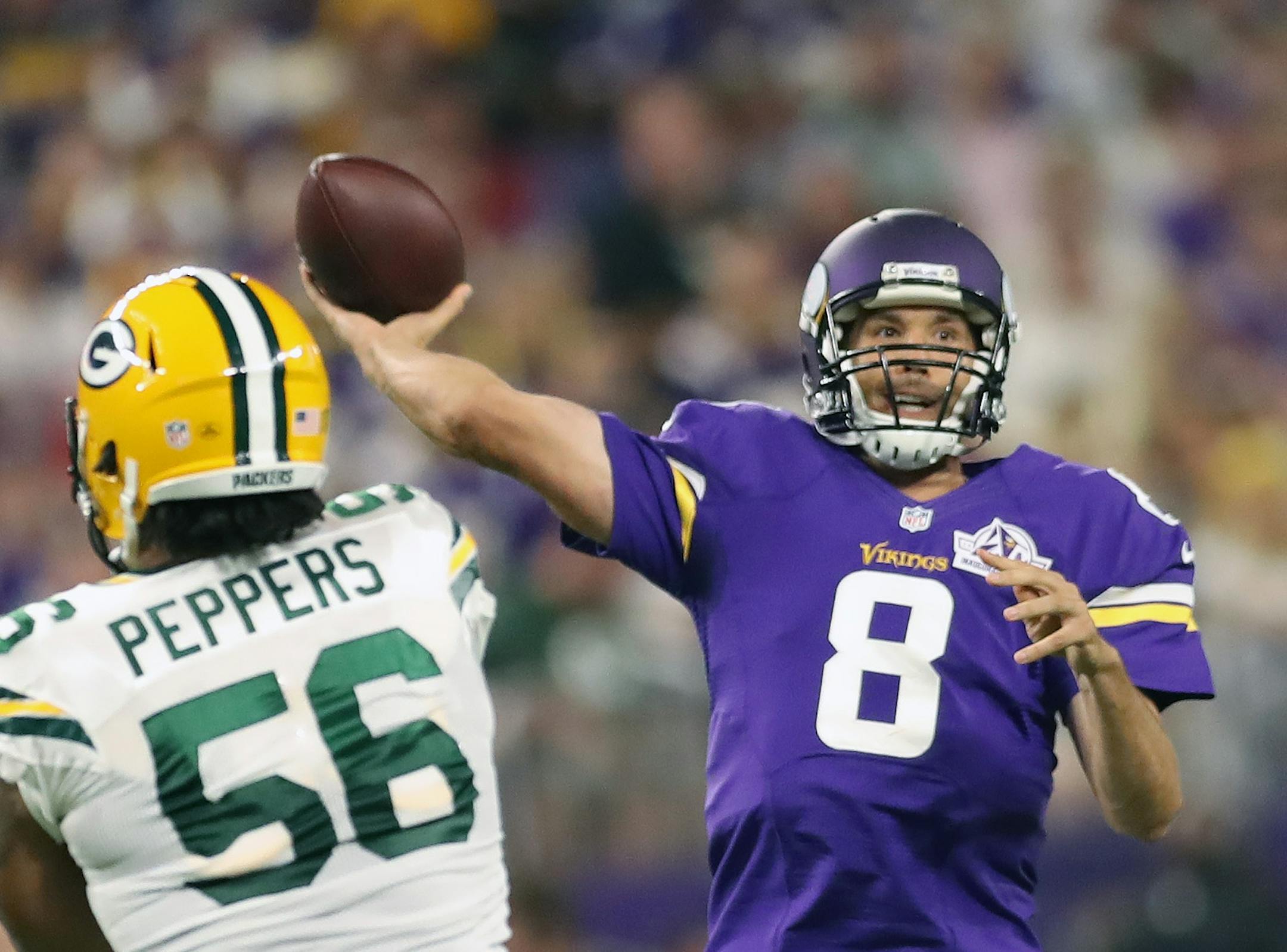 Vikings quarterback Sam Bradford in the 2nd quarter. The Minnesota Vikings open the new US Bank Stadium for their first home regular season game against the Green Bay Packers. Here,