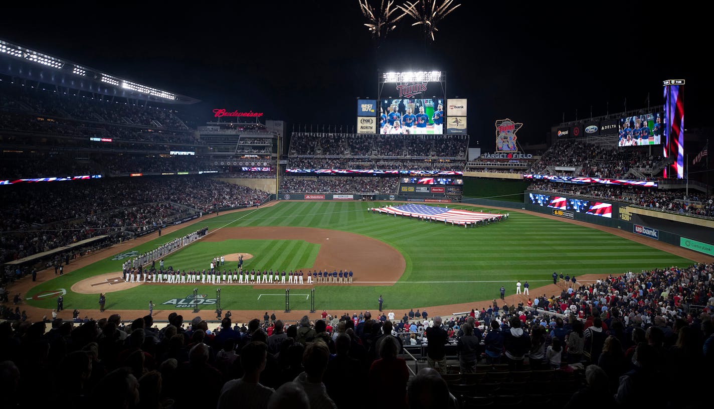 The national anthem was played during the third game of the ALDS at Target Field.