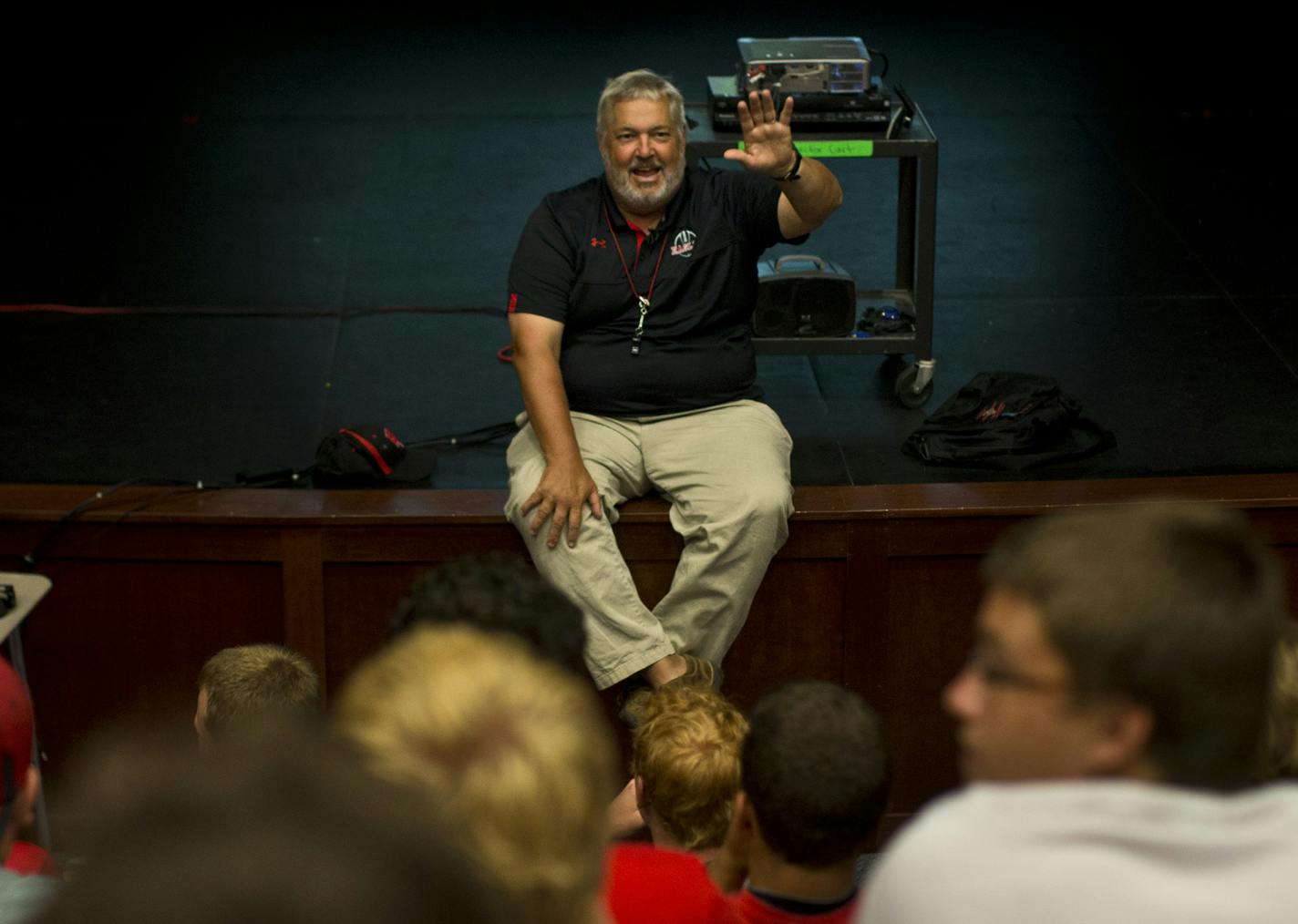 Eden Prairie head coach Mike Grant talked to his players during a meeting on Tuesday, July 23, 2013 in Eden Prairie, Minn. ] (RENEE JONES SCHNEIDER * reneejones@startribune.com)