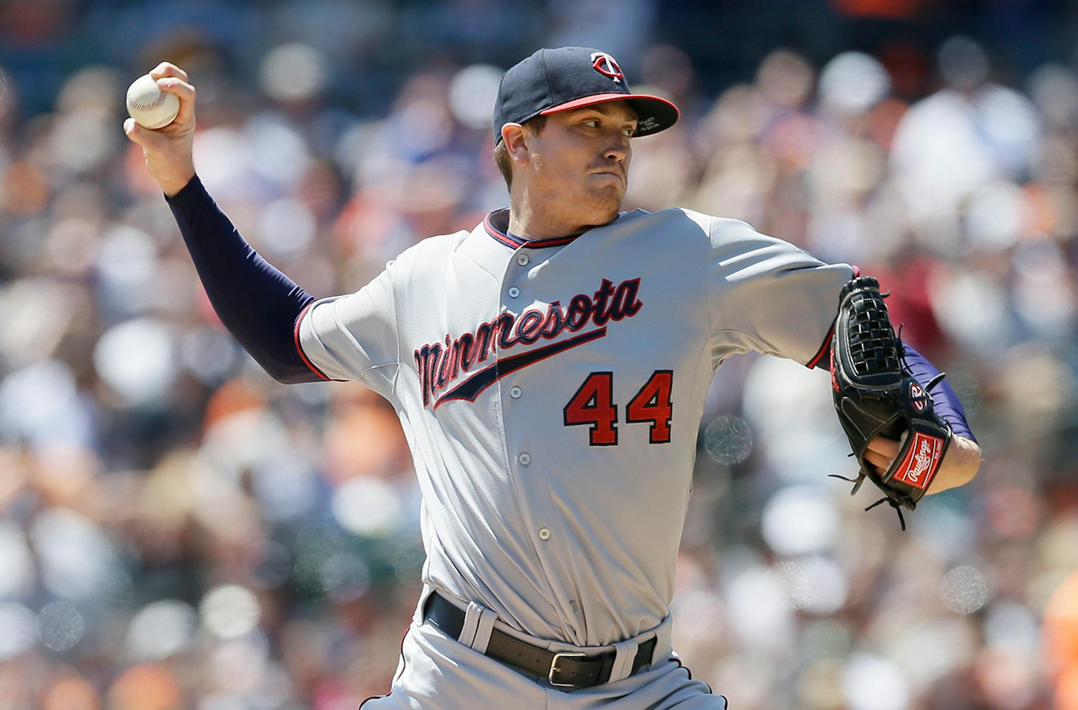 Minnesota Twins starting pitcher Kyle Gibson throws during the first inning of a baseball game against the Detroit Tigers in Detroit, Saturday, May 10, 2014. (AP Photo/Carlos Osorio)