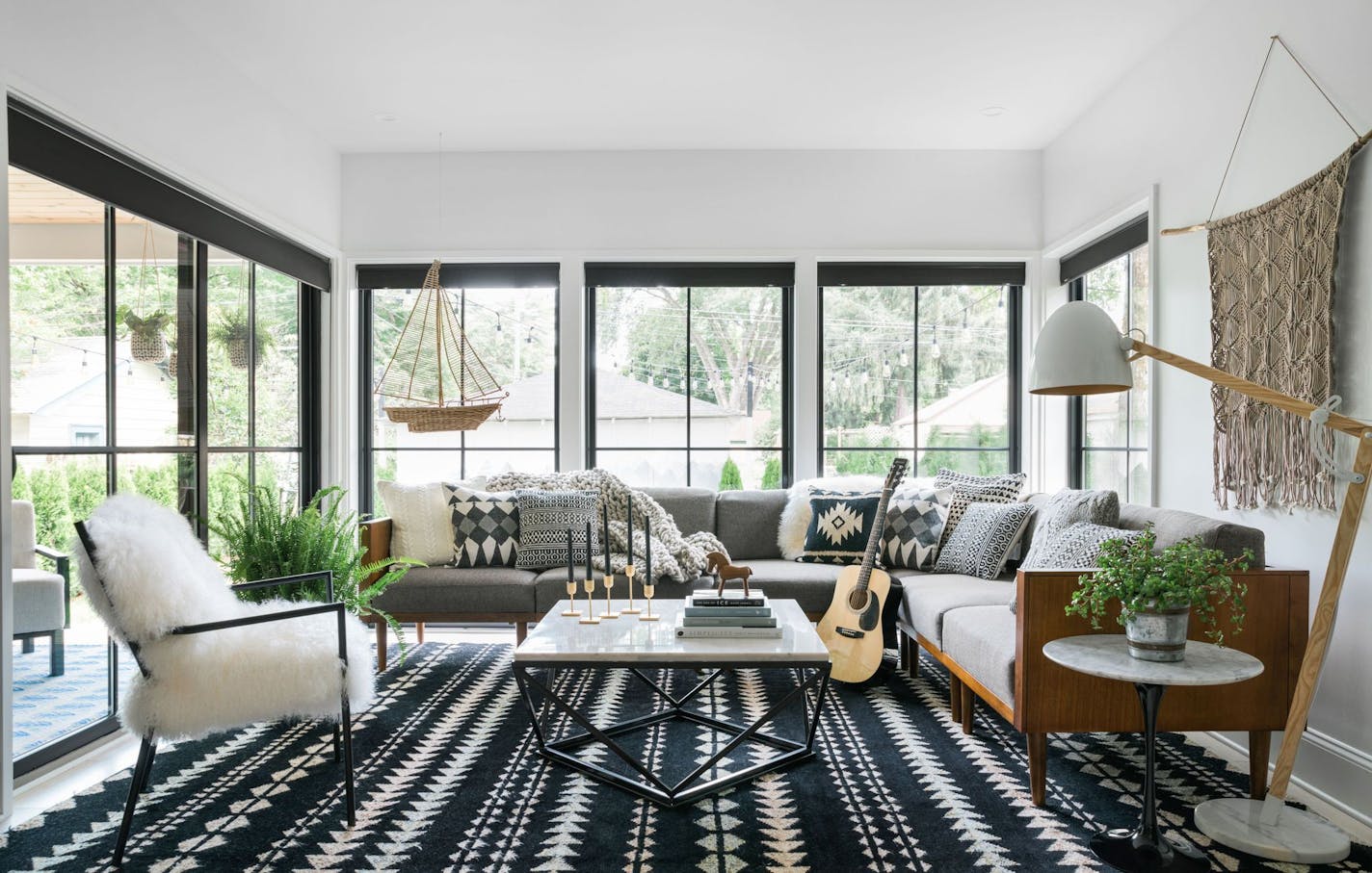 The crisp black-and-white palette in the family room of the Nordic-inspired modern farmhouse in Minneapolis, this year's HGTV Urban Oasis sweepstakes.