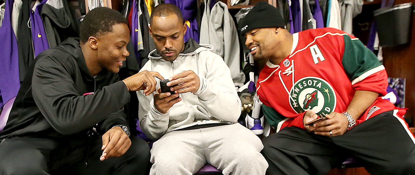 Minnesota Vikings Teddy Bridgewater, left Captain Munnerlyn, center, and Everson Griffen hung out in the locker room after being dismissed for the season at Winter Park, Monday, January 11, 2016 in Eden Prairie, MN. ] (ELIZABETH FLORES/STAR TRIBUNE) ELIZABETH FLORES &#x2022; eflores@startribune.com