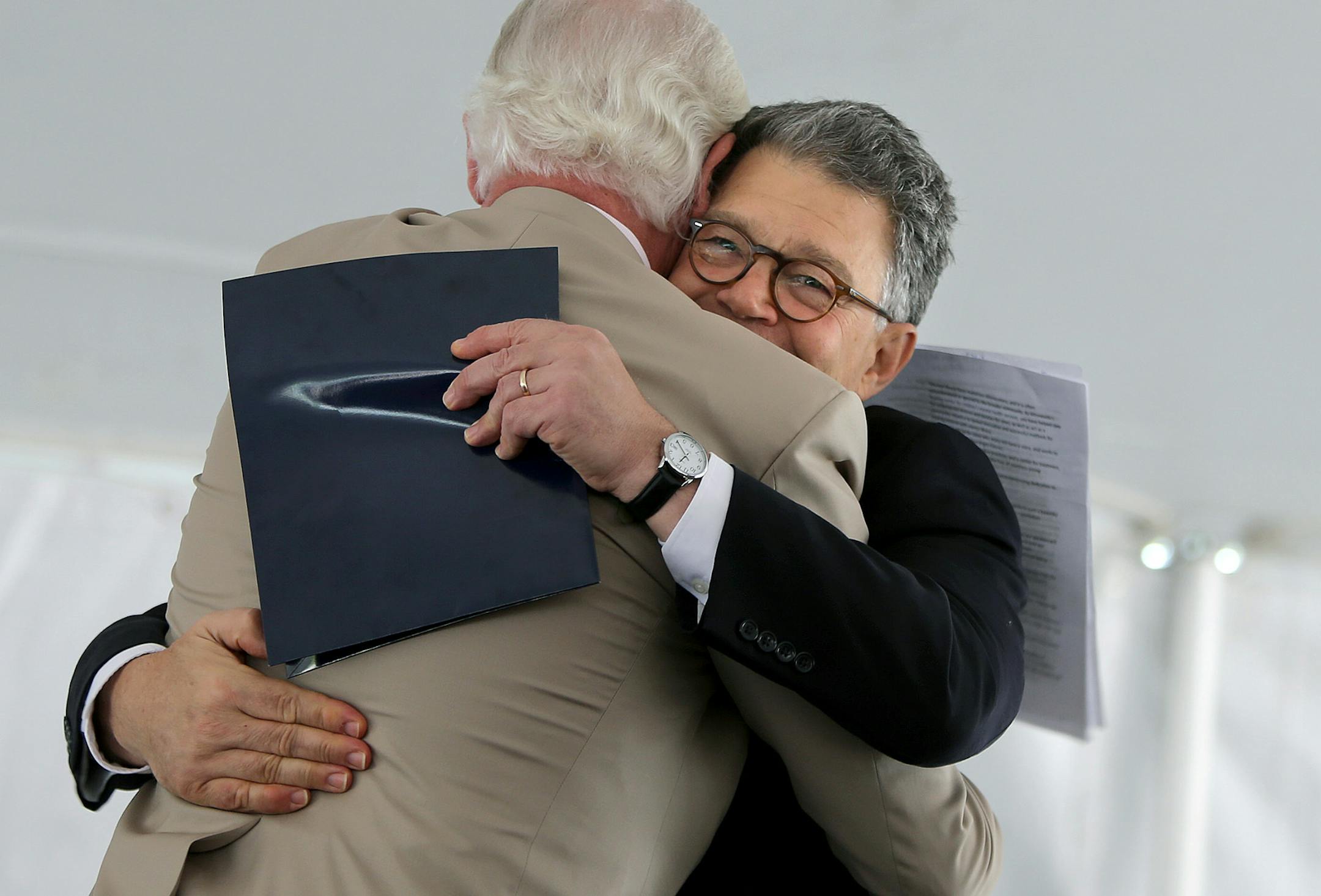 Senator Al Franken hugged former anchor Don Shelby after he was introduced by Shelby during the groundbreaking ceremony of what will be a new $24.5 million Washburn Center for Children, Tuesday, August 13, 2013. The center will be a children's mental health center in North Minneapolis. Washburn Center for Children is a resource center that helped children experiencing social, emotional, and behavioral changes. The center serves more than 10,000 community members annually.(ELIZABETH FLORES/STAR T