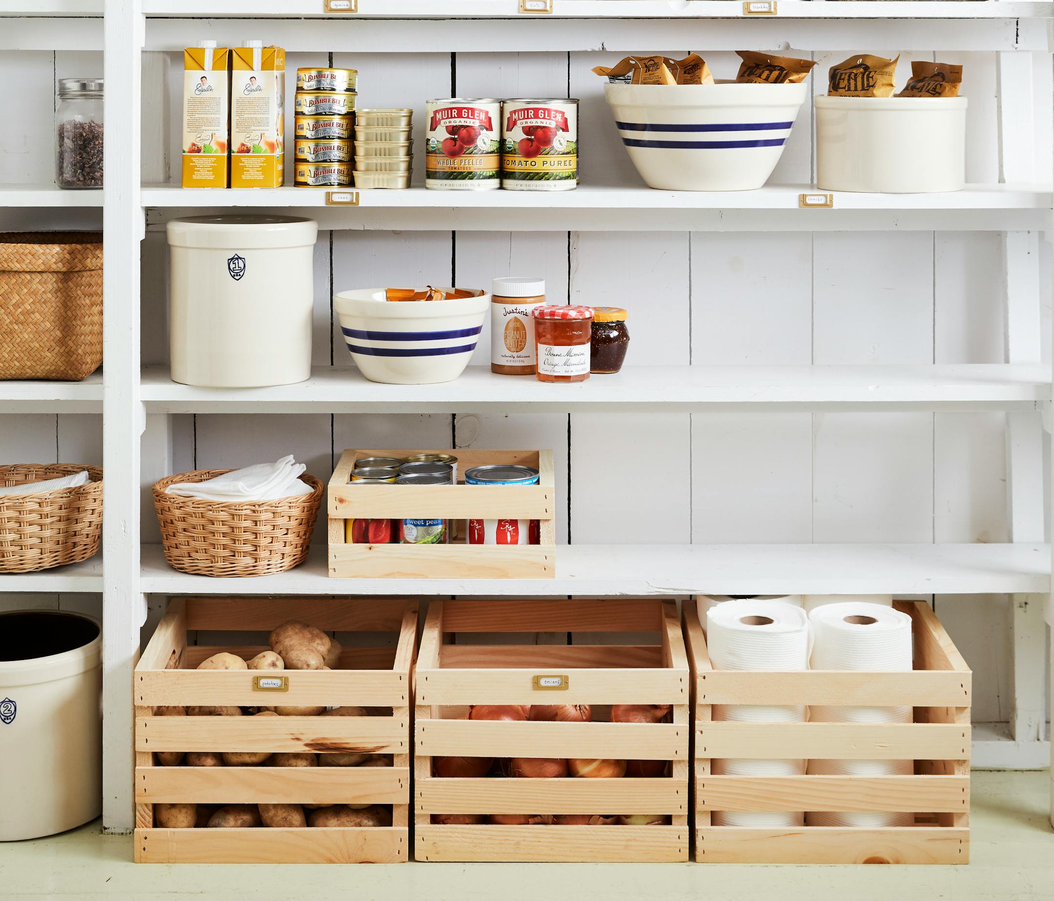 BC-ASK-MARTHA-PANTRY-ORGANIZATION-ART-NYTSF — Traveler's Company brass label plates, $15 for six, jetpens.com. Ohio Stoneware utility crock, 1 gallon, $23; and shoulder bowl, from $22, stonewareoutlet.com. Crates &amp; Pallet wooden crates, from $9 each, homedepot.com. (Ryan Liebe/Martha Stewart Living Online) — ONLY FOR USE WITH ARTICLE SLUGGED — BC-ASK-MARTHA-PANTRY-ORGANIZATION-ART-NYTSF — OTHER USE PROHIBITED.