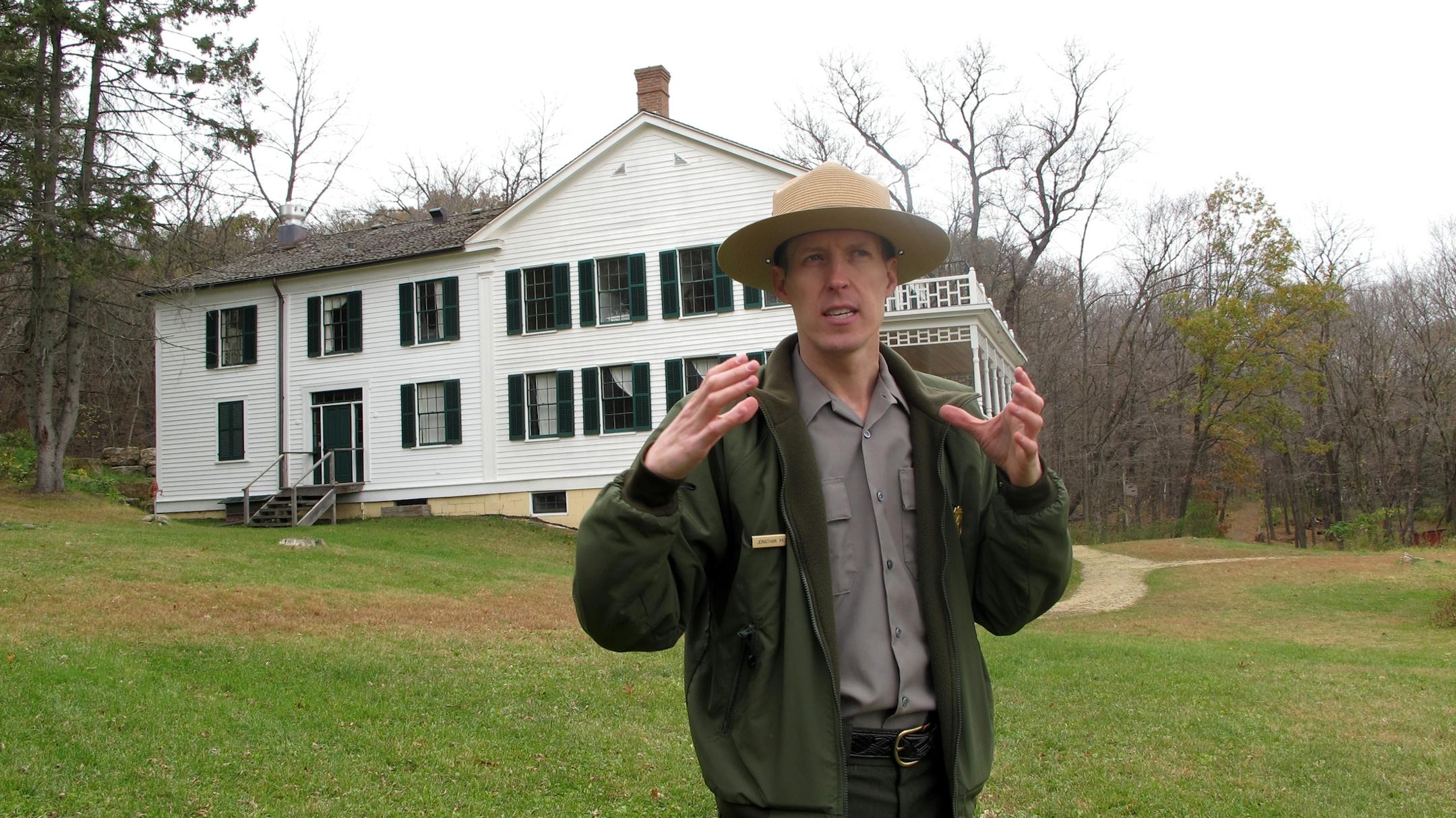 Photo by Kevin Giles kgiles@startribune.com Cutline: Park Ranger Jonathan Moore gave interpretive tours at Arcola Mills in October when the National Park Service set up a temporary visitor center in the 1847 house behind him.